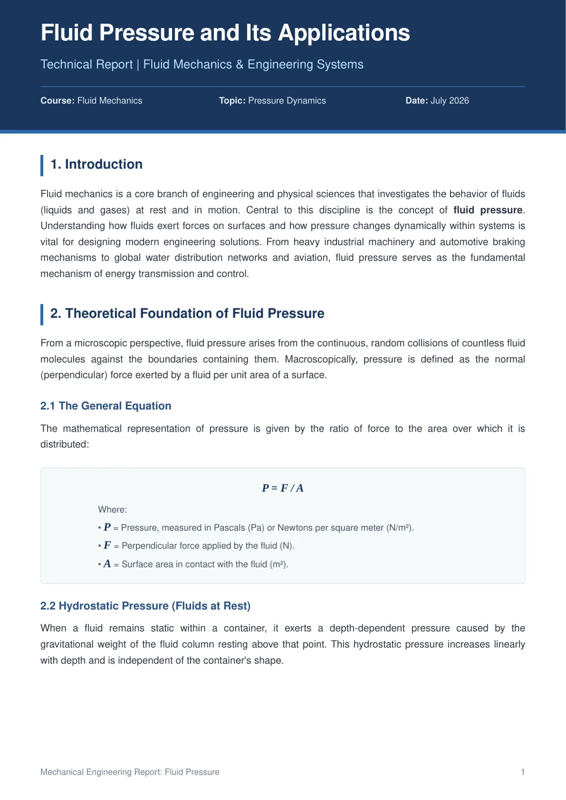 غلاف تقرير Fluid Pressure and Its Applications