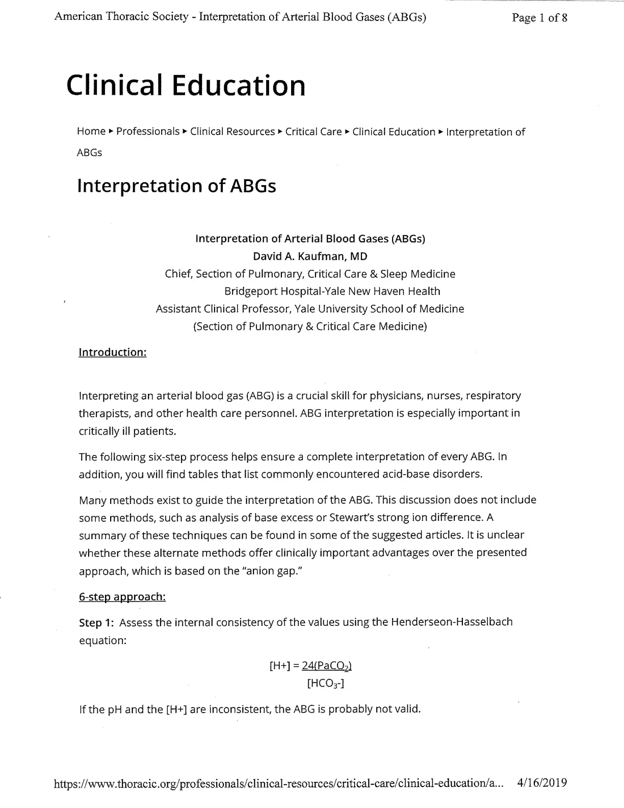 غلاف تقرير Interpretation of Arterial Blood Gases (ABGs)