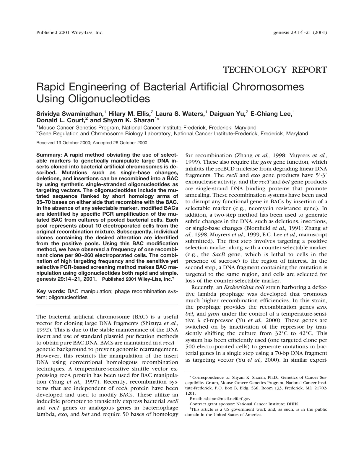 غلاف تقرير Rapid Engineering of Bacterial Artificial Chromosomes Using Oligonucleotides