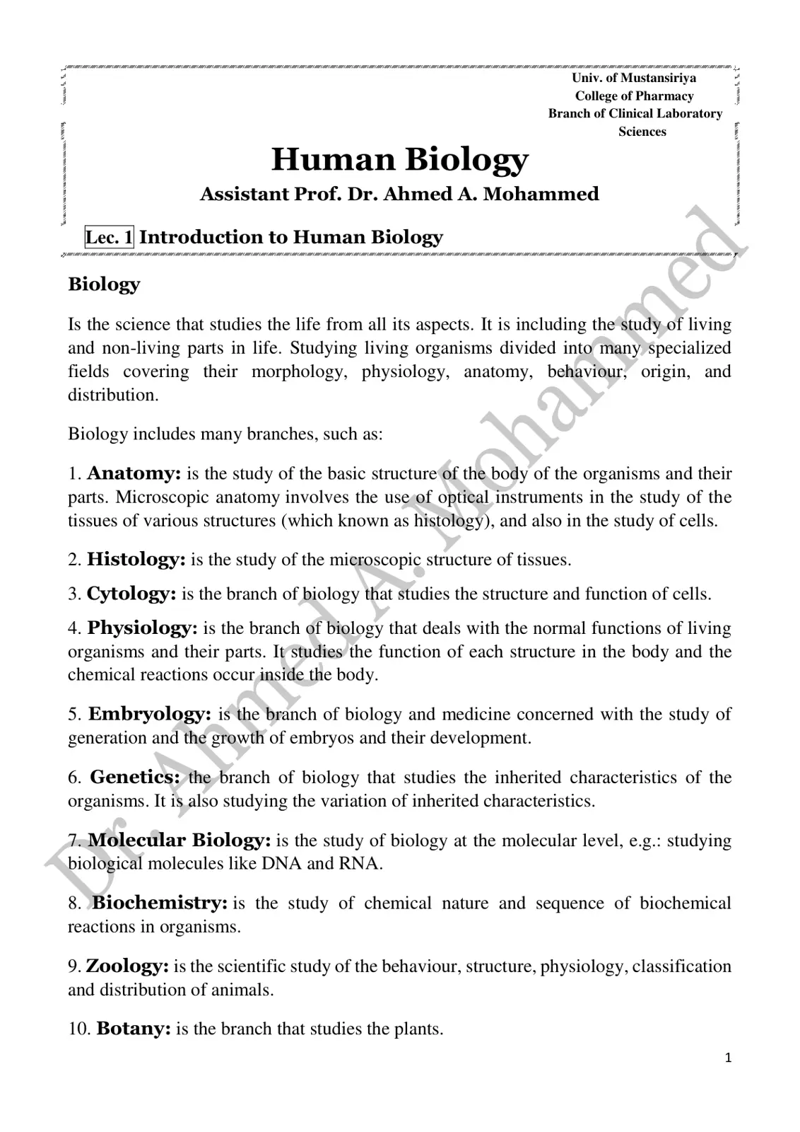 غلاف تقرير Lec. 1 Introduction to Human Biology