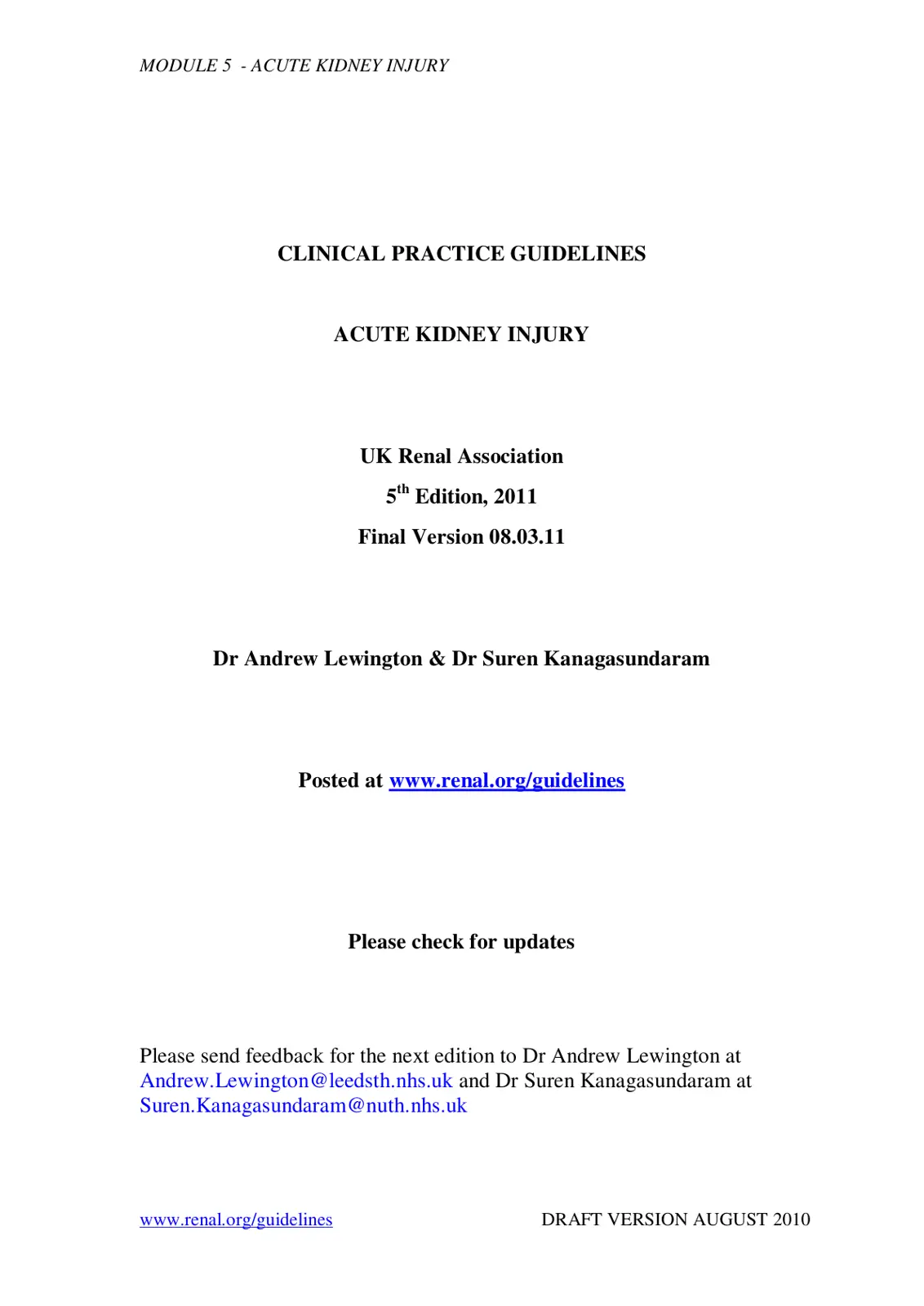 غلاف تقرير Module 5 - Acute Kidney Injury: Clinical Practice Guidelines