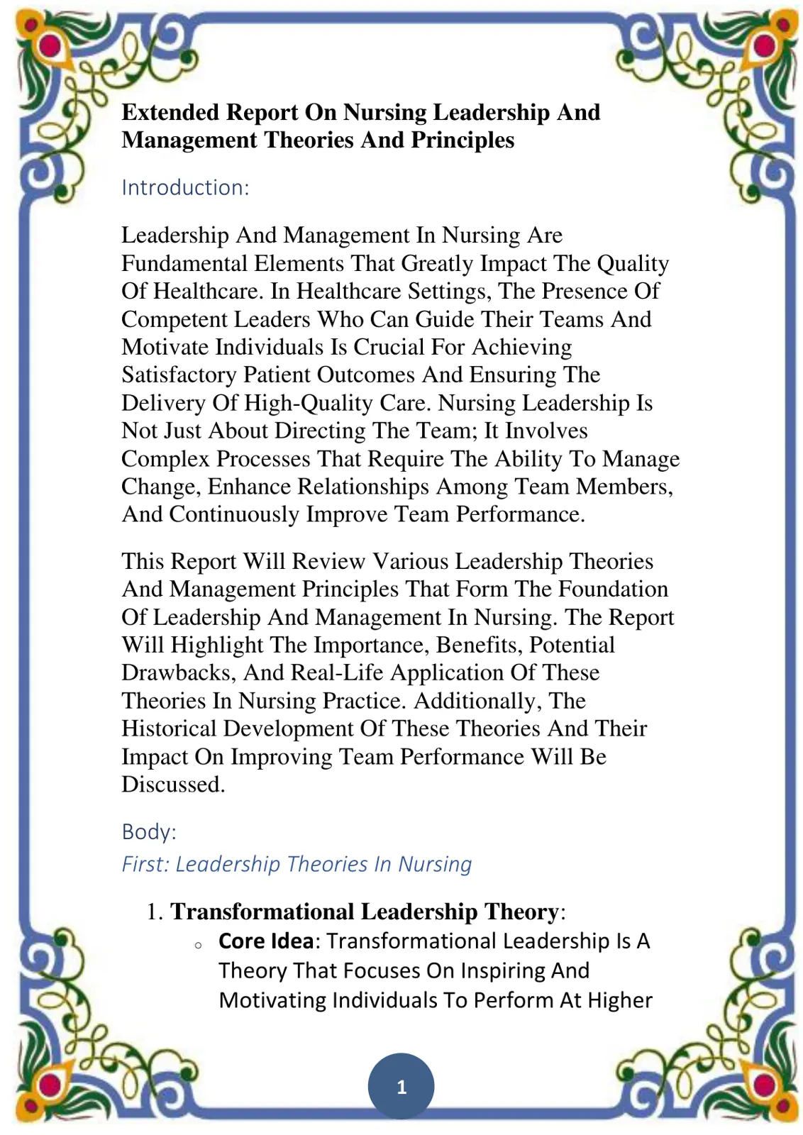 غلاف تقرير Extended Report On Nursing Leadership And Management Theories And Principles