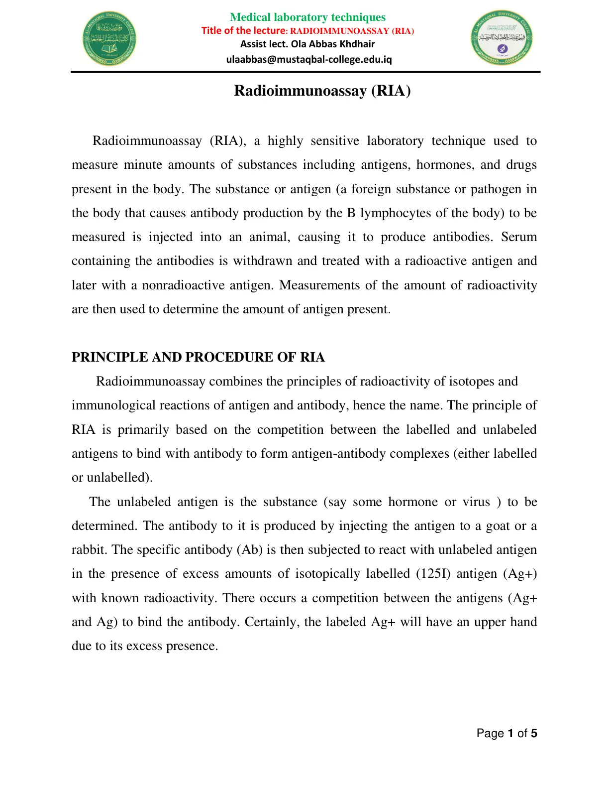 غلاف تقرير RADIOIMMUNOASSAY (RIA)