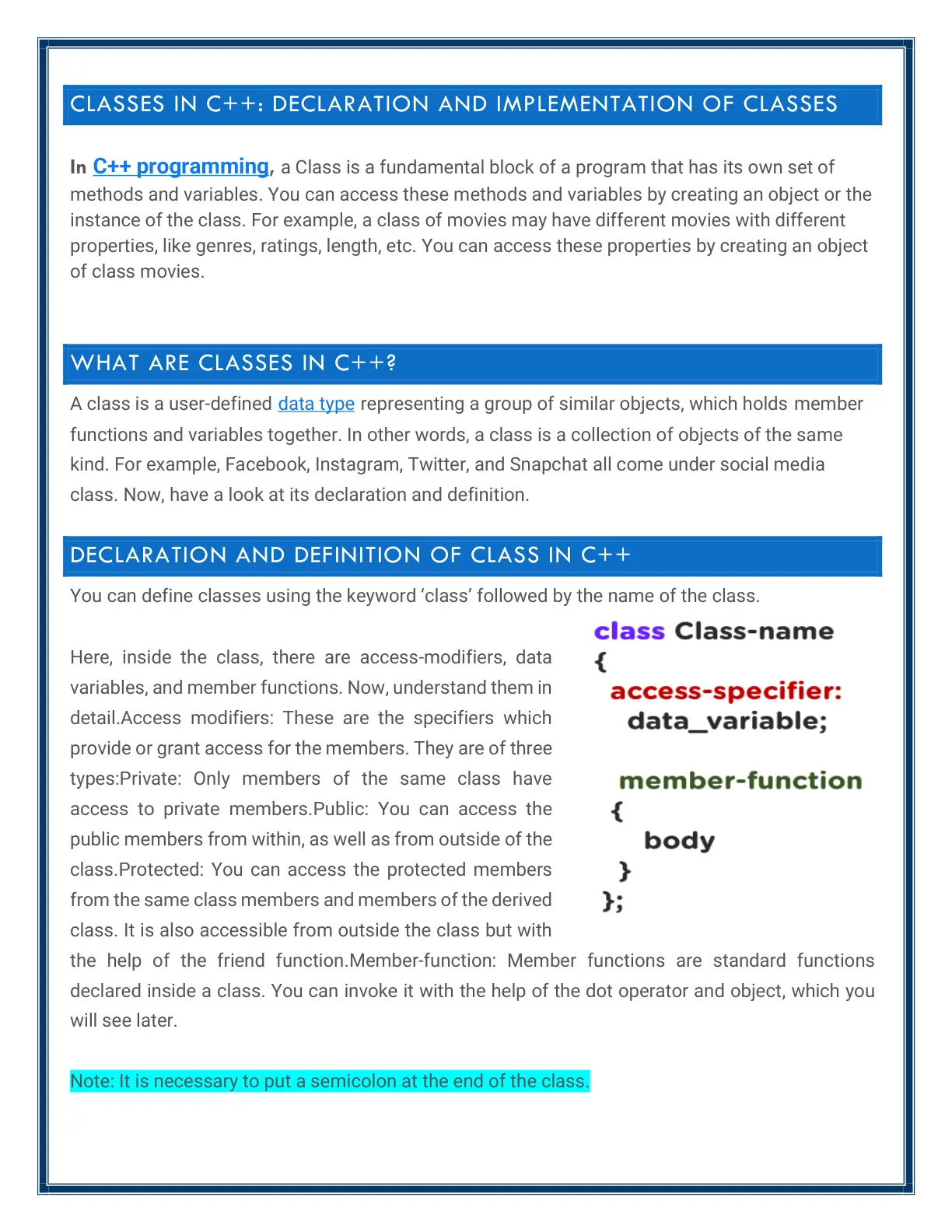 غلاف تقرير Classes in C++: Declaration and Implementation of Classes