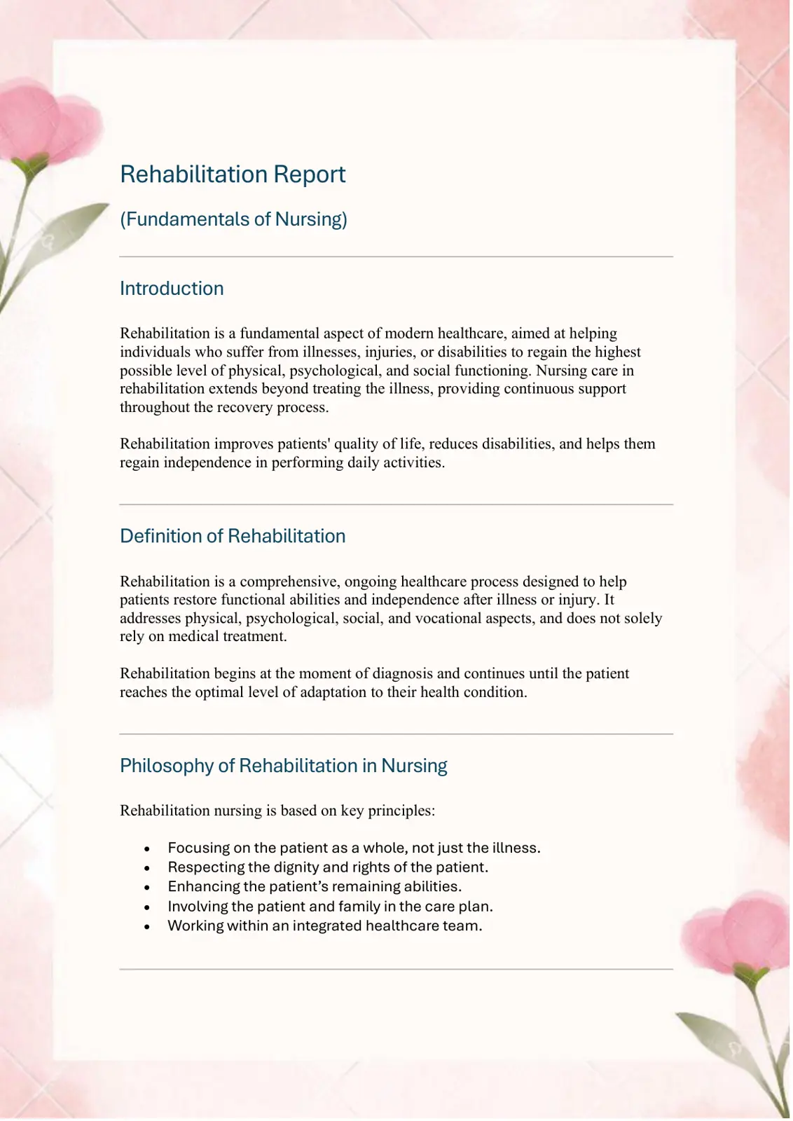غلاف تقرير Rehabilitation Report (Fundamentals of Nursing)