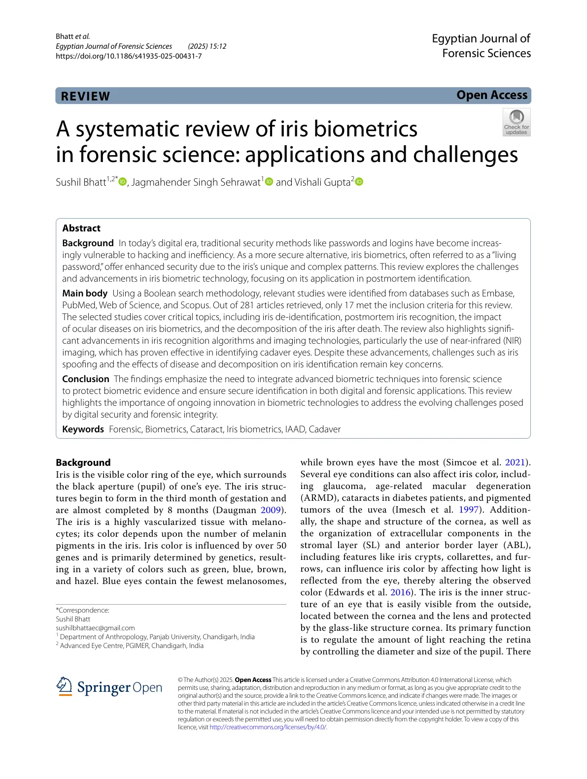 غلاف تقرير A Systematic Review of Iris Biometrics in Forensic Science: Applications and Challenges