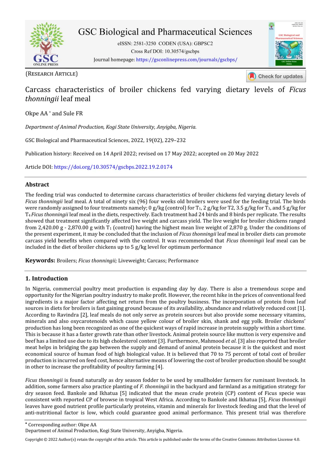 غلاف تقرير Carcass characteristics of broiler chickens fed varying dietary levels of Ficus thonningii leaf meal