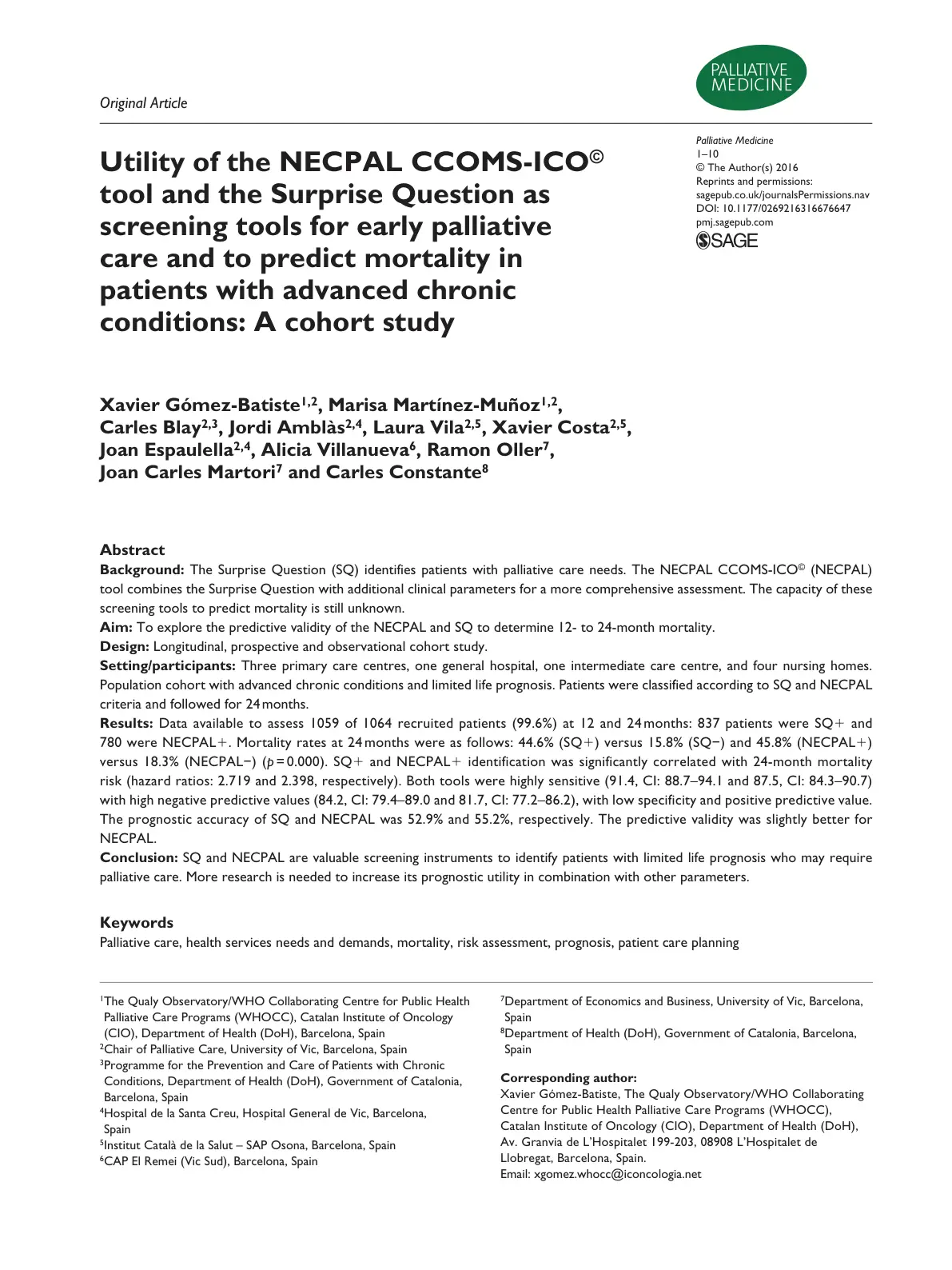 غلاف تقرير Utility of the NECPAL CCOMS-ICO Tool and the Surprise Question as Screening Tools for Early Palliative Care