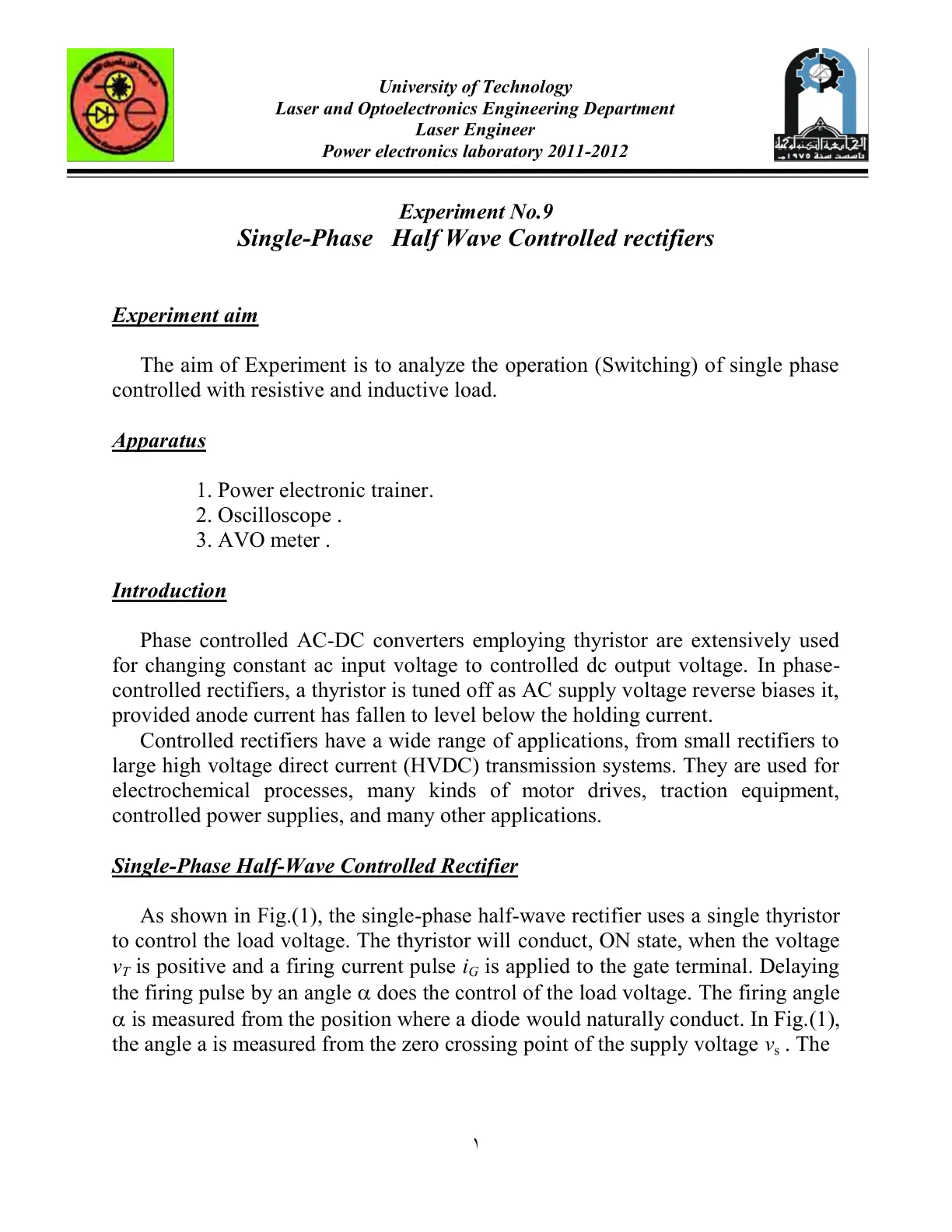 غلاف تقرير Power electronics laboratory: Single-Phase Half Wave Controlled Rectifiers