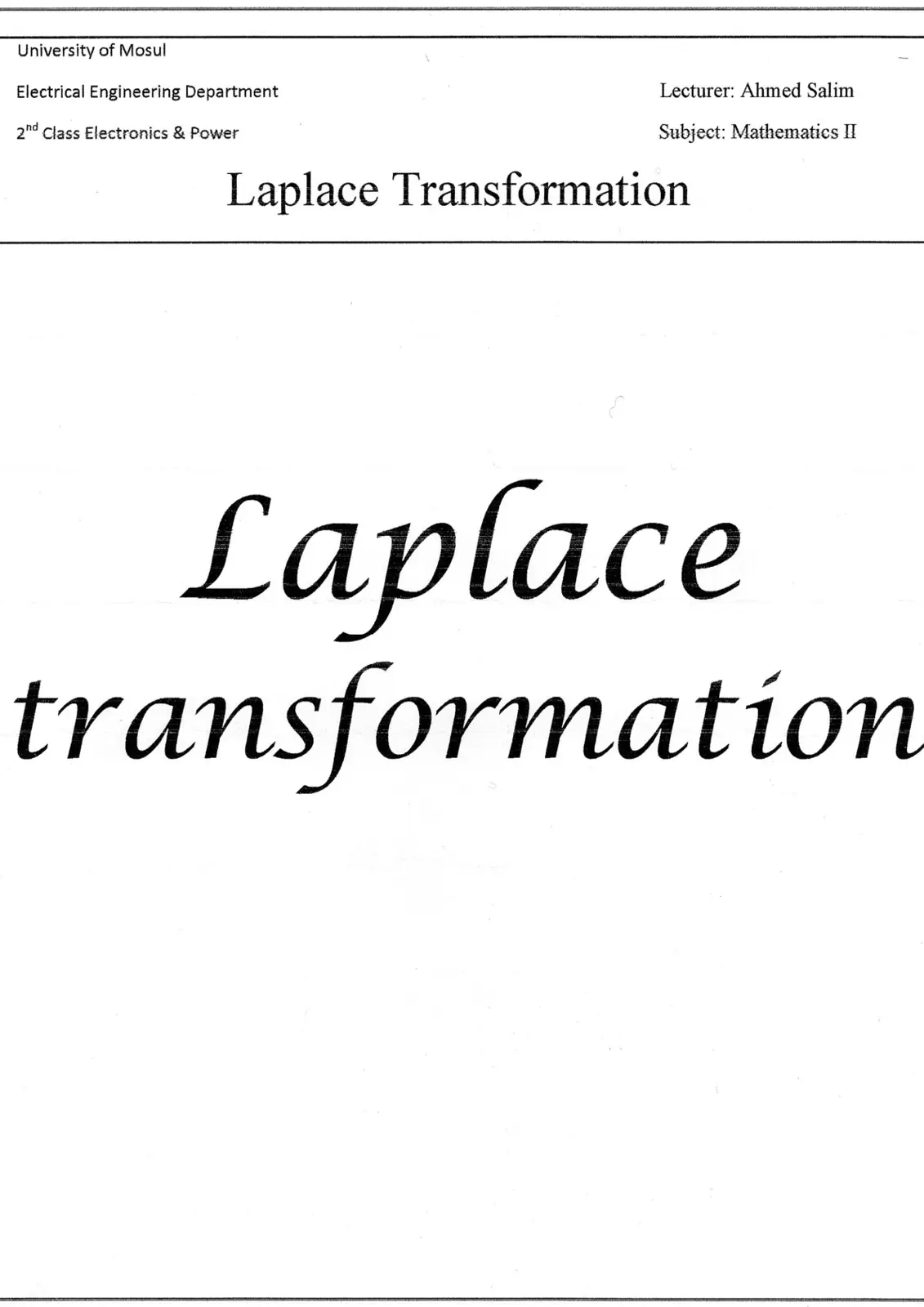 غلاف تقرير Laplace Transformation