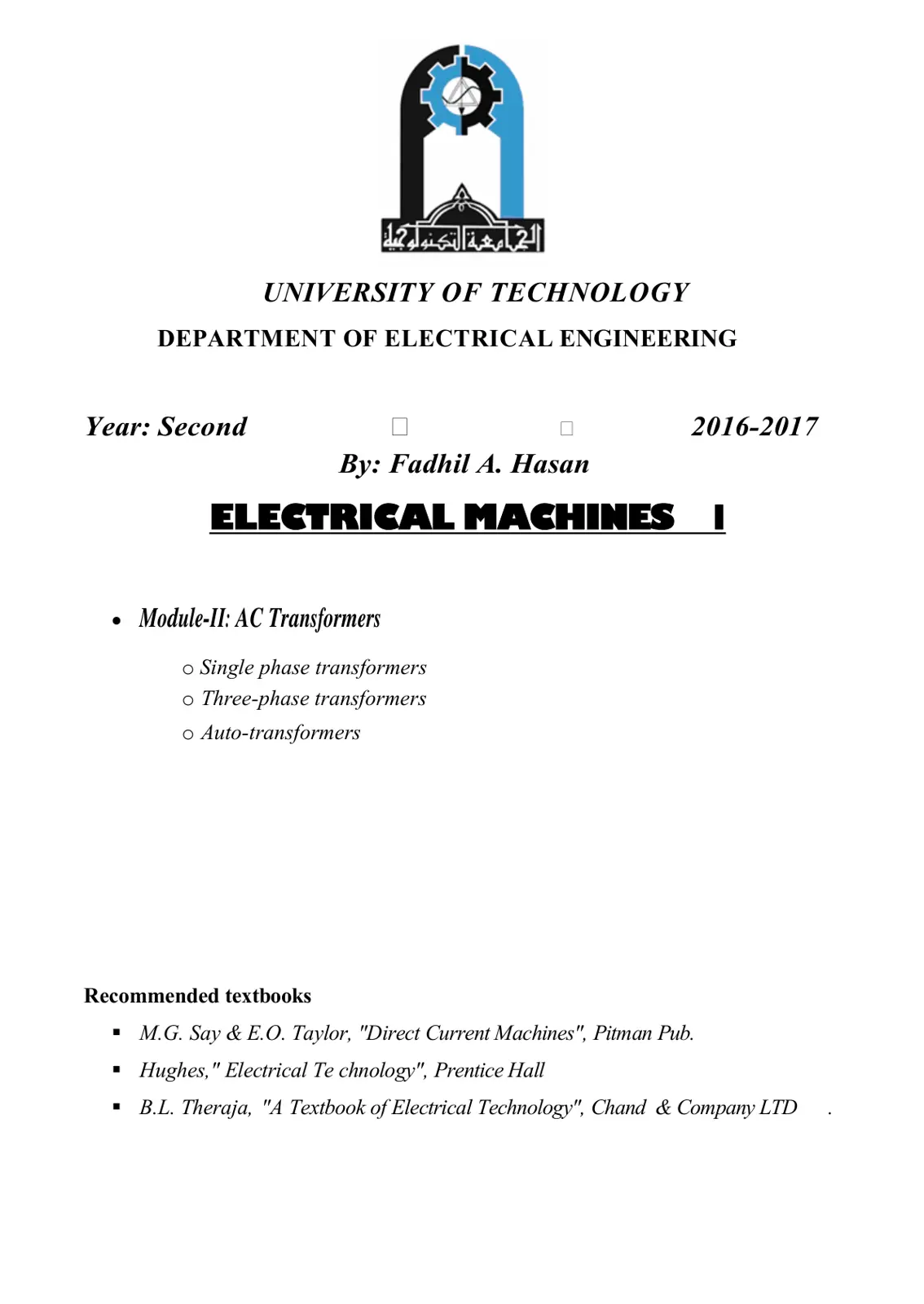 غلاف تقرير ELECTRICAL MACHINES: AC Transformers