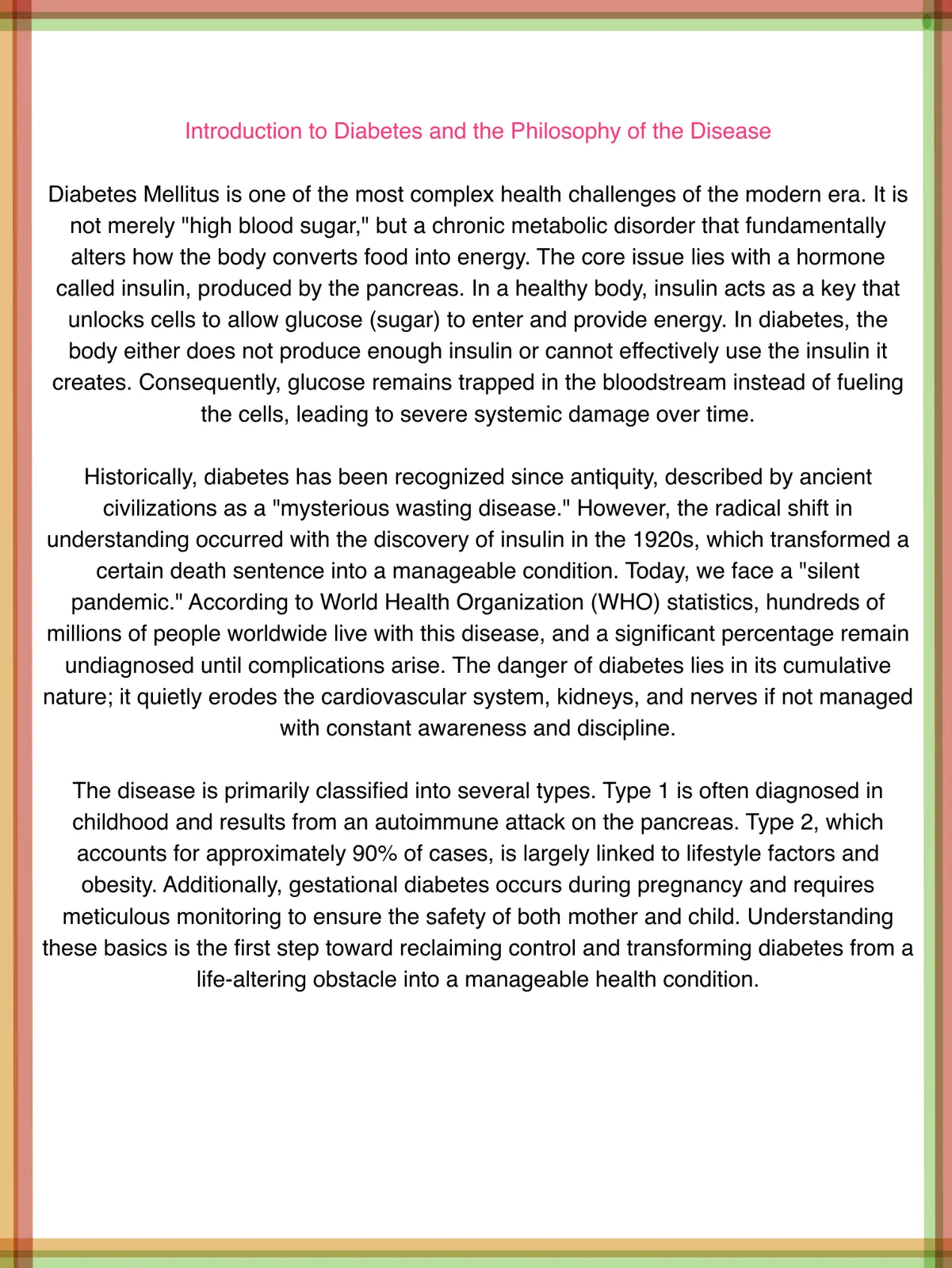غلاف تقرير Introduction to Diabetes and the Philosophy of the Disease