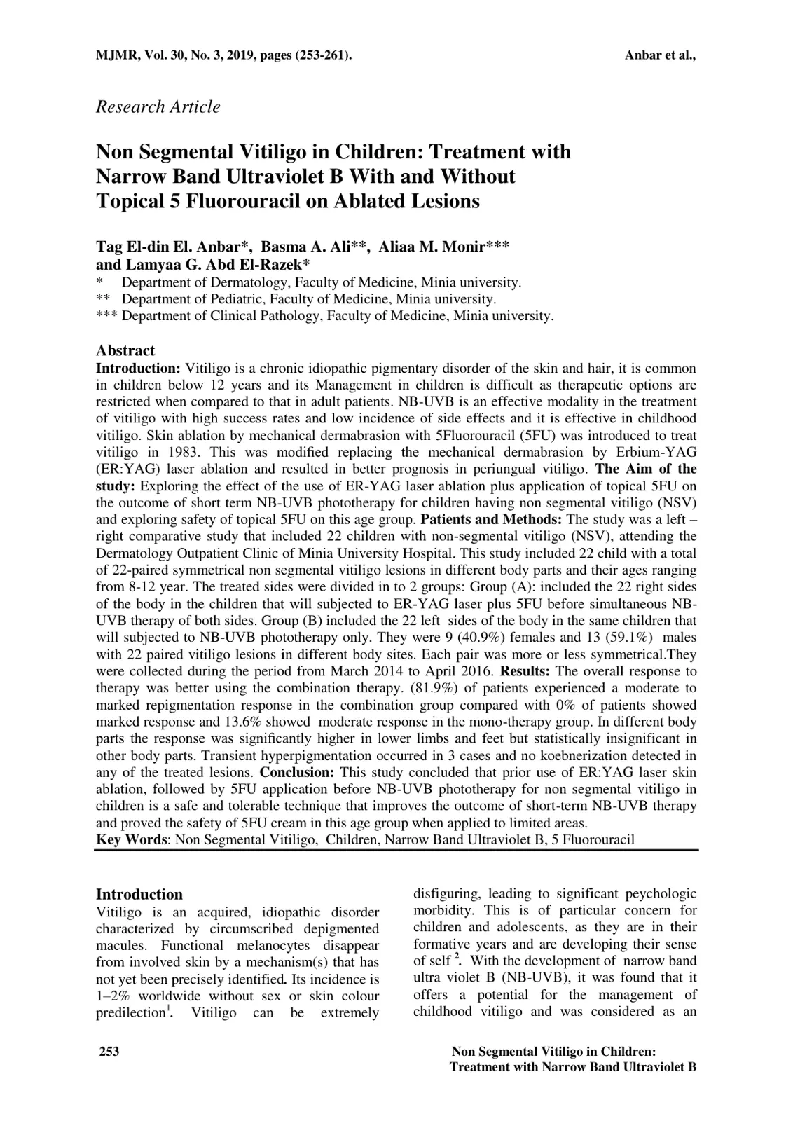 غلاف تقرير Non Segmental Vitiligo in Children: Treatment with Narrow Band Ultraviolet B With and Without Topical 5 Fluorouracil on Ablated Lesions