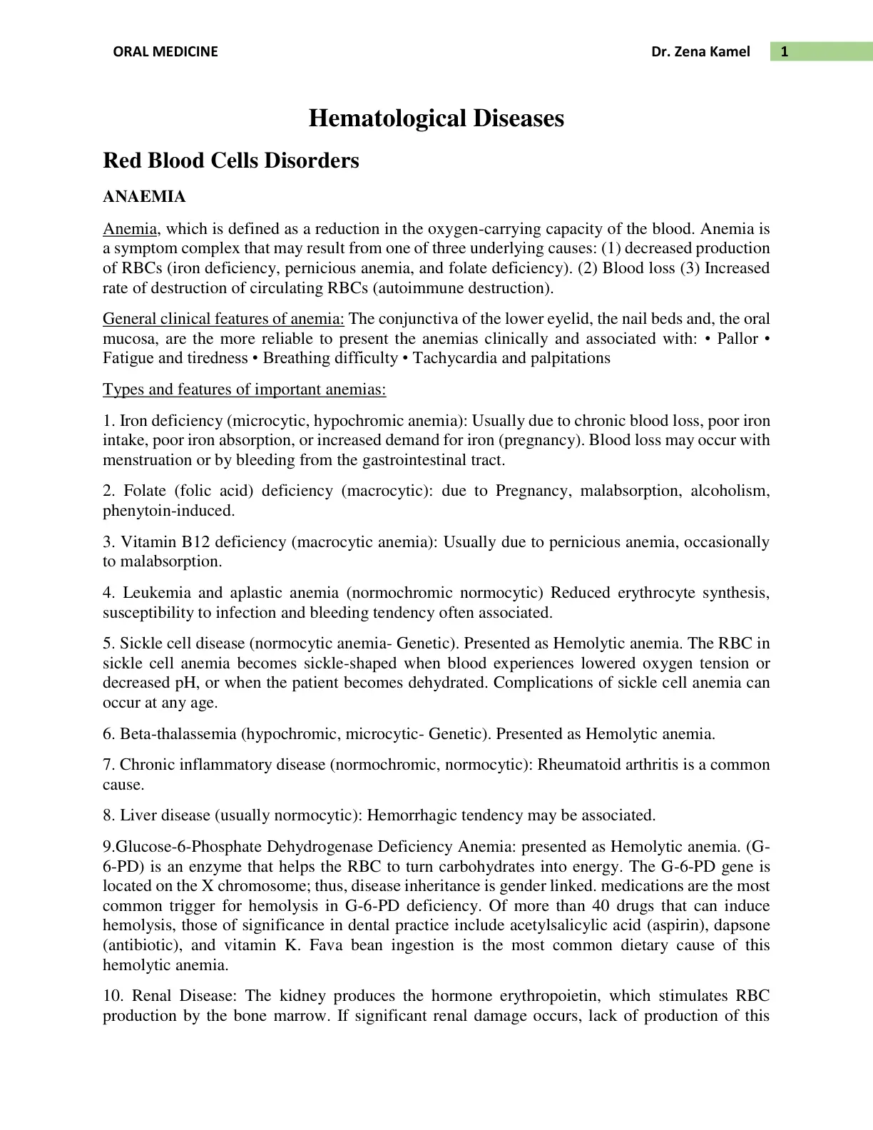 غلاف تقرير ORAL MEDICINE Hematological Diseases Red Blood Cells Disorders ANAEMIA