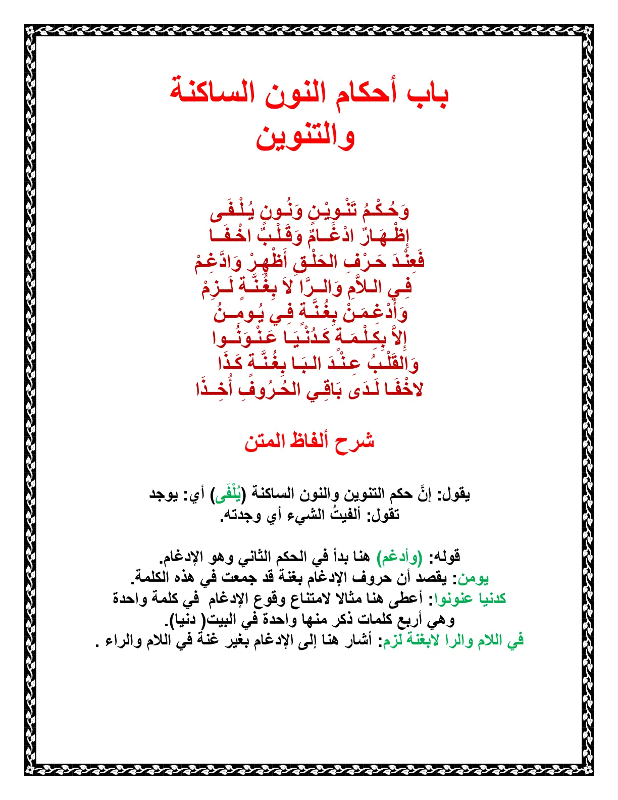 غلاف تقرير باب أحكام النون الساكنة والتنوين