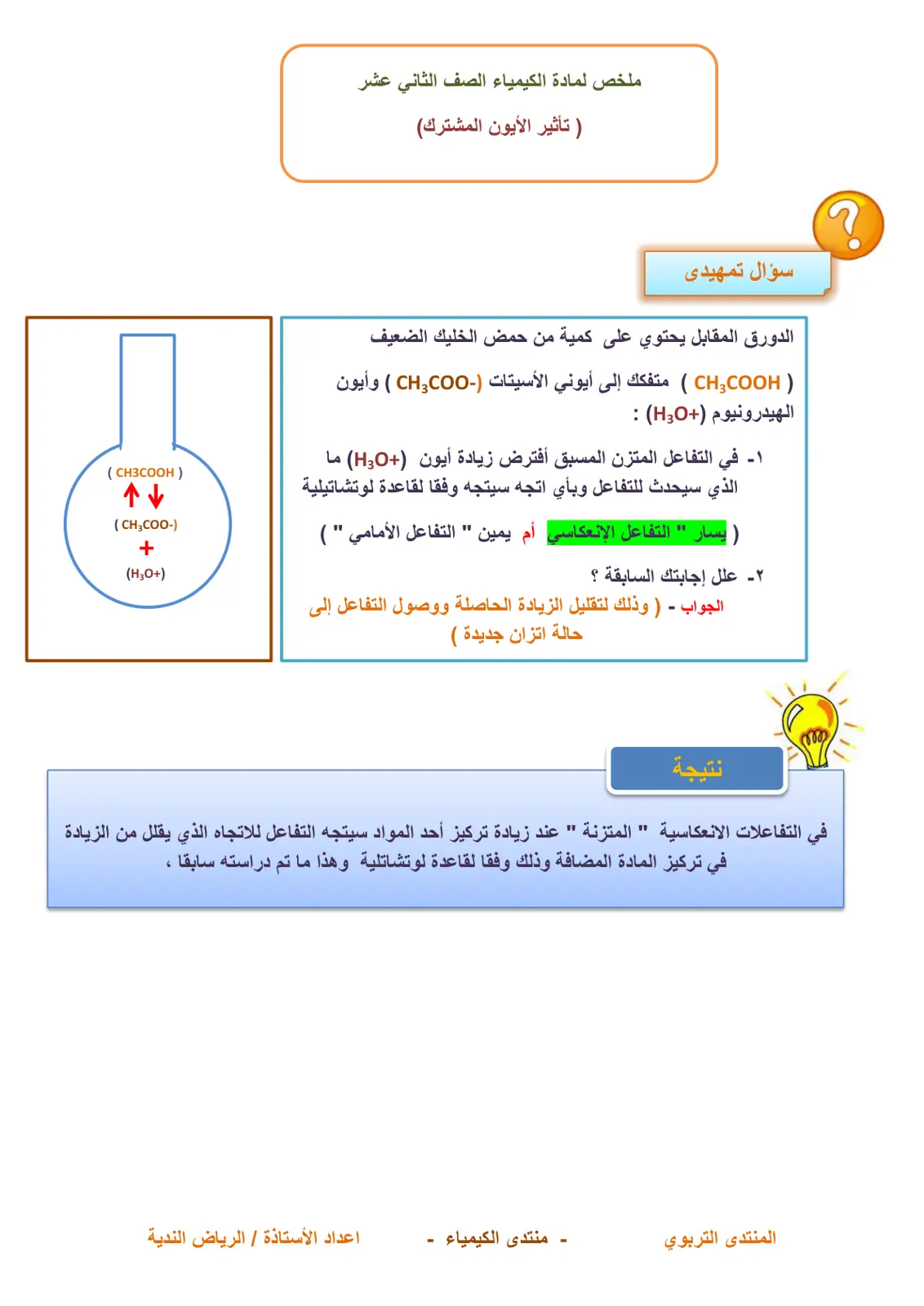 غلاف تقرير ملخص لمادة الكيمياء الصف الثاني عشر (تأثير الأيون المشترك)