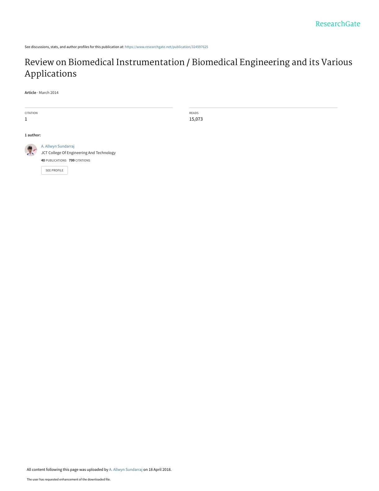 غلاف تقرير Review on Biomedical Instrumentation / Biomedical Engineering and its Various Applications