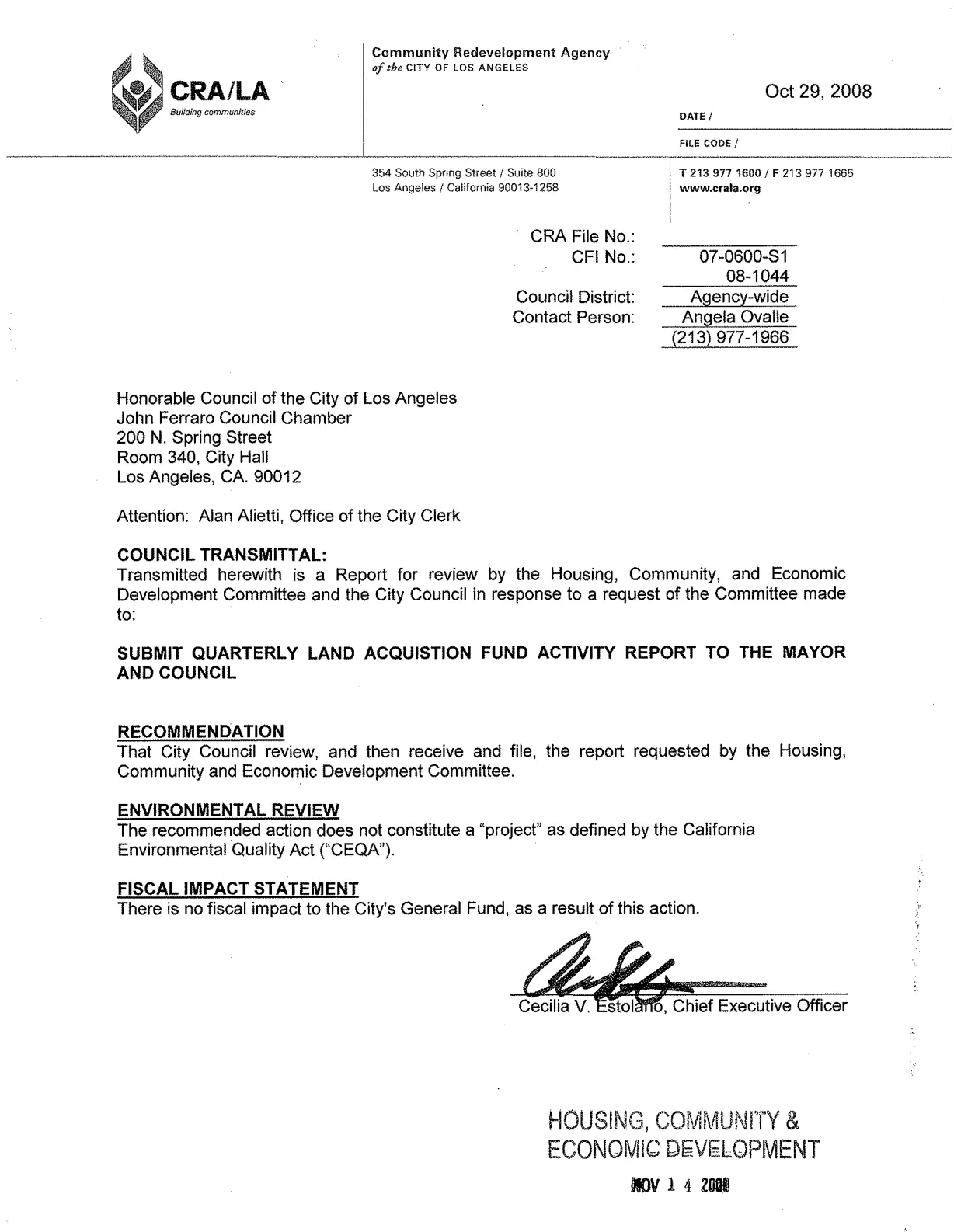 غلاف تقرير SUBMIT QUARTERLY LAND ACQUISTION FUND ACTIVITY REPORT TO THE MAYOR AND COUNCIL