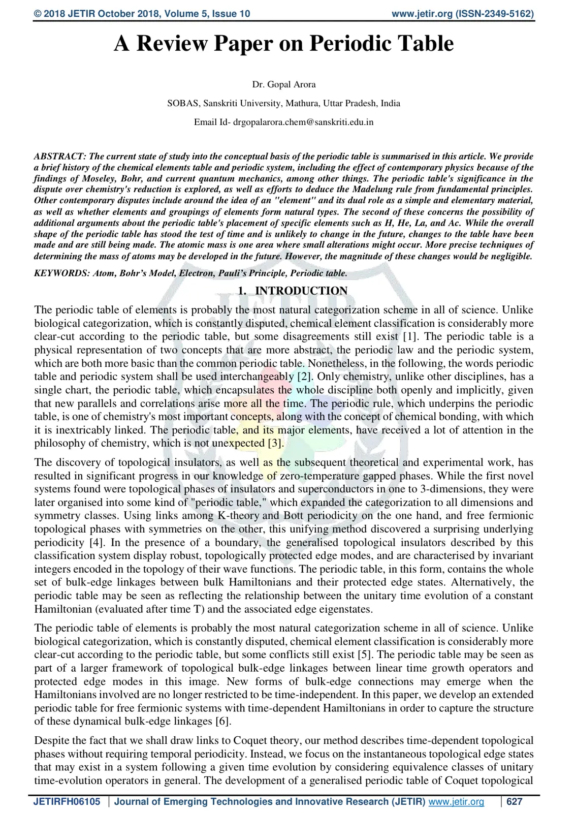 غلاف تقرير A Review Paper on Periodic Table