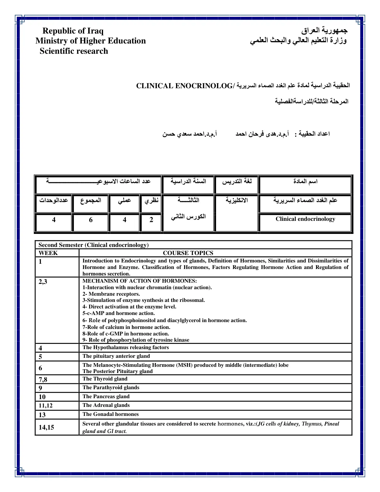 غلاف تقرير الحقيبة الدراسية لمادة علم الغدد الصماء السريرية /CLINICAL ENDOCRINOLOGY