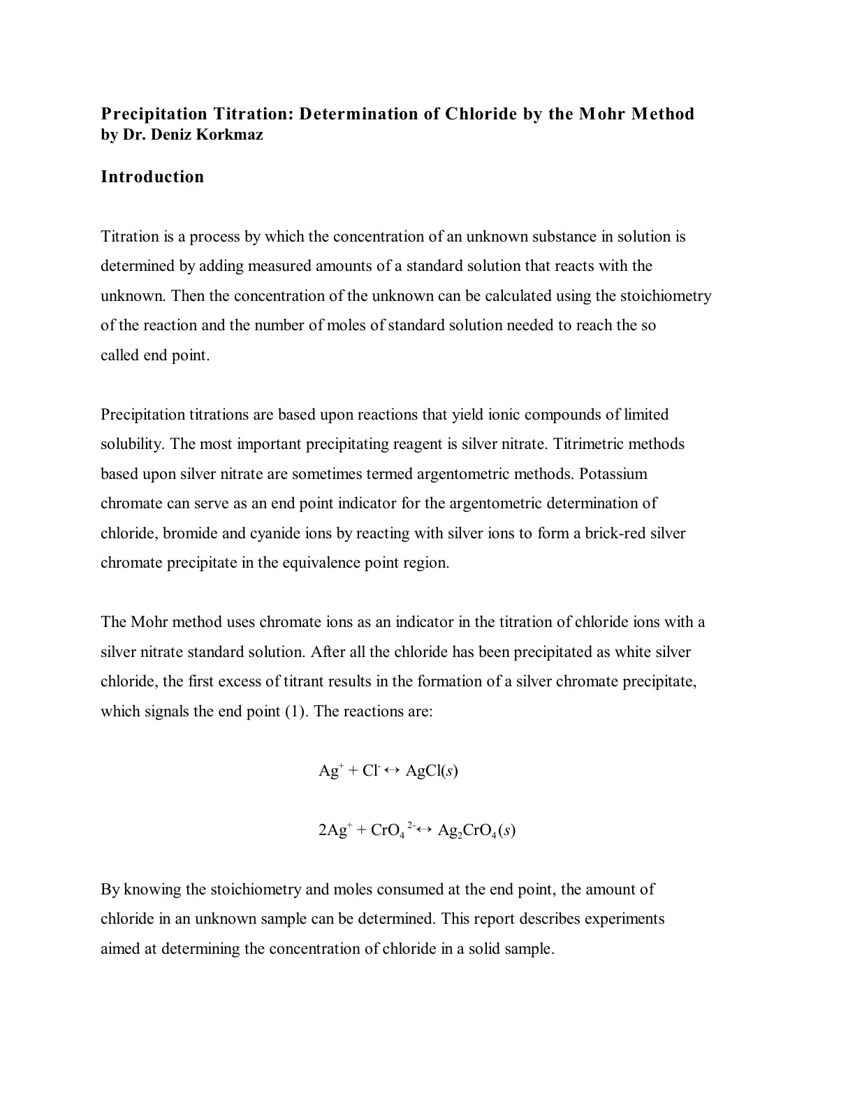 غلاف تقرير Precipitation Titration: Determination of Chloride by the Mohr Method