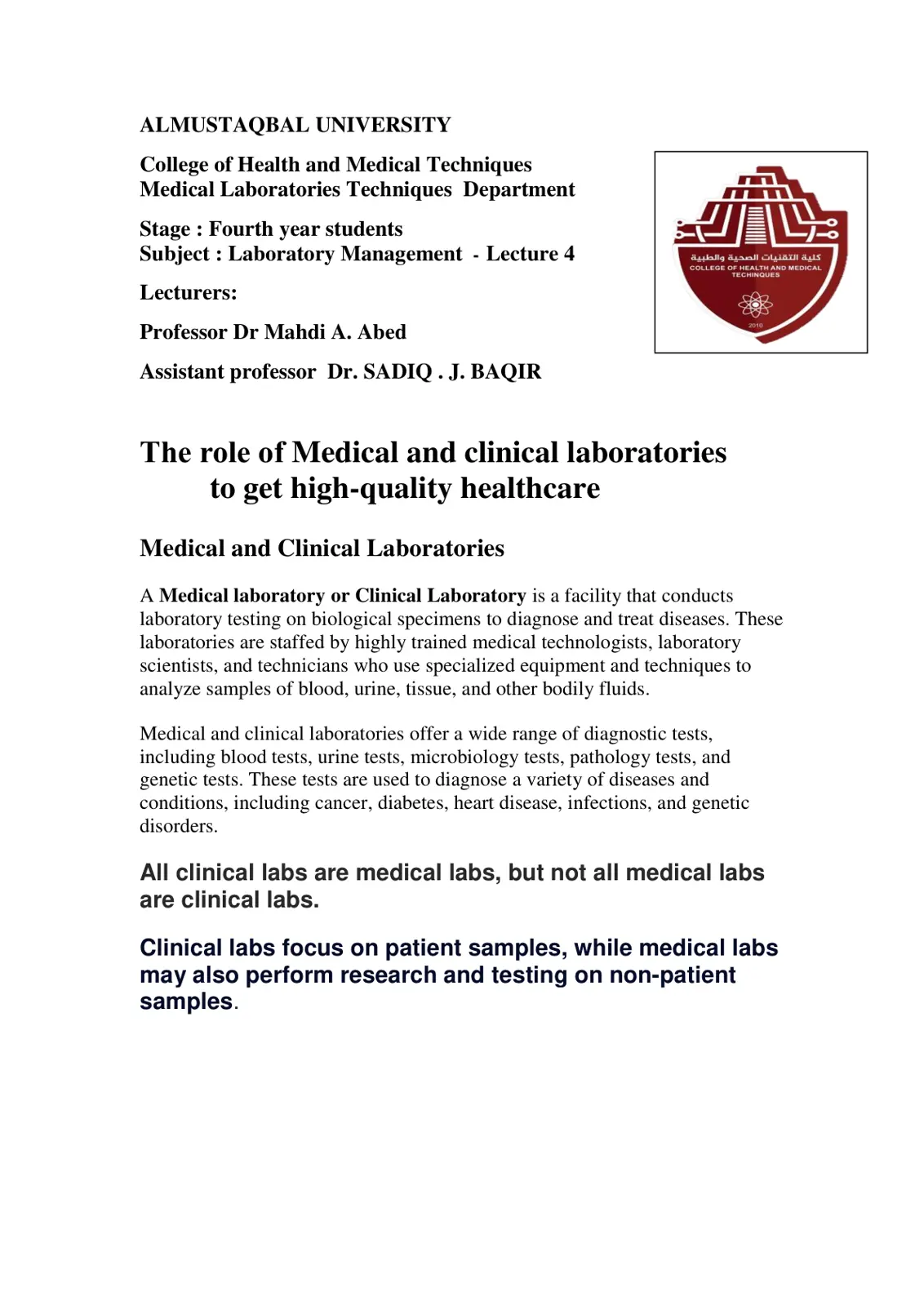 غلاف تقرير Laboratory Management - Lecture 4