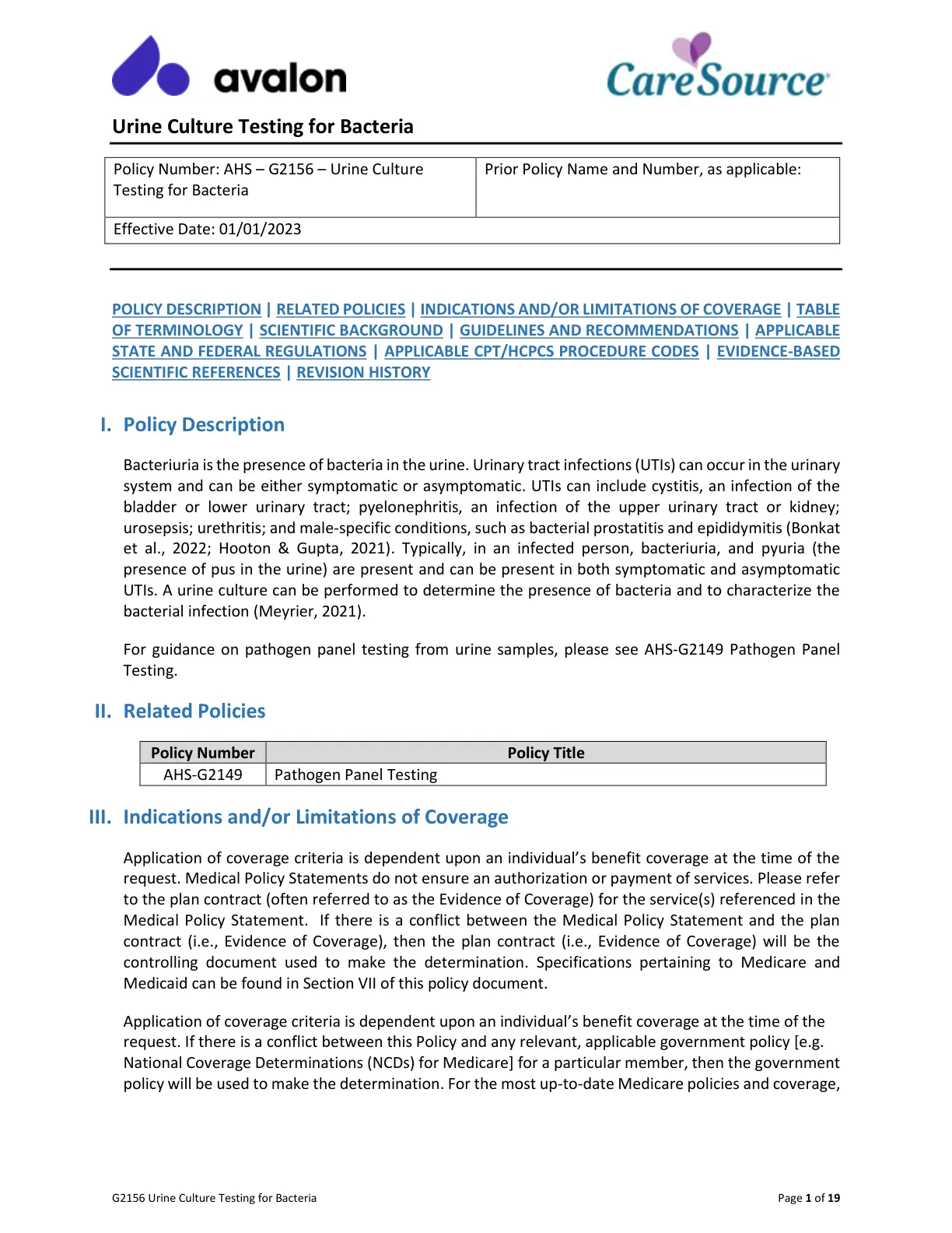 غلاف تقرير Urine Culture Testing for Bacteria - Policy AHS-G2I56