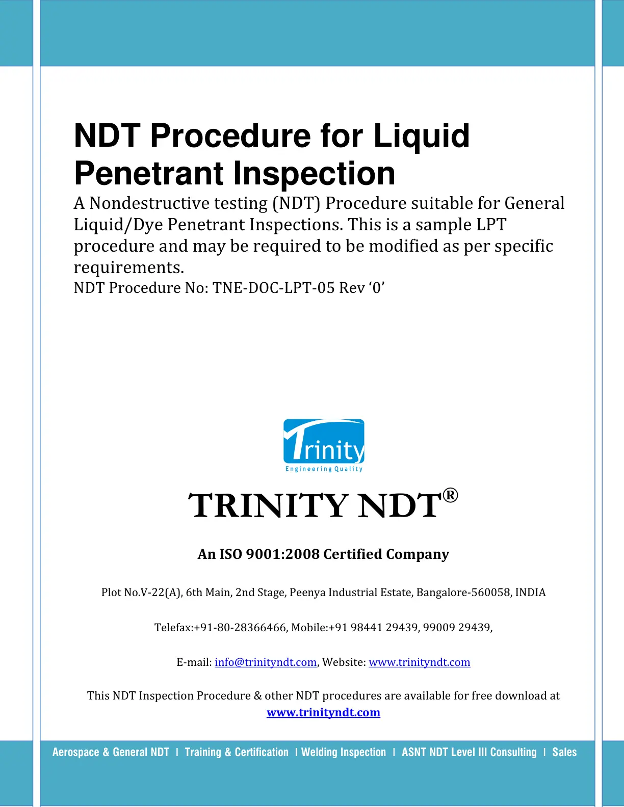 غلاف تقرير NDT Procedure for Liquid Penetrant Inspection