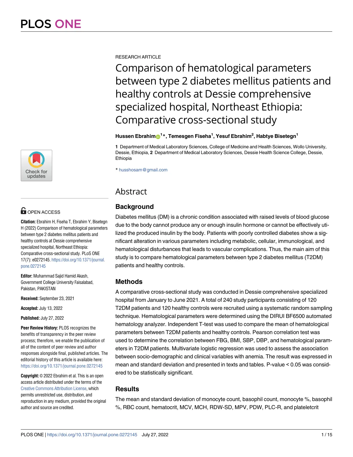 غلاف تقرير Comparison of hematological parameters between type 2 diabetes mellitus patients and healthy controls at Dessie comprehensive specialized hospital, Northeast Ethiopia: Comparative cross-sectional study