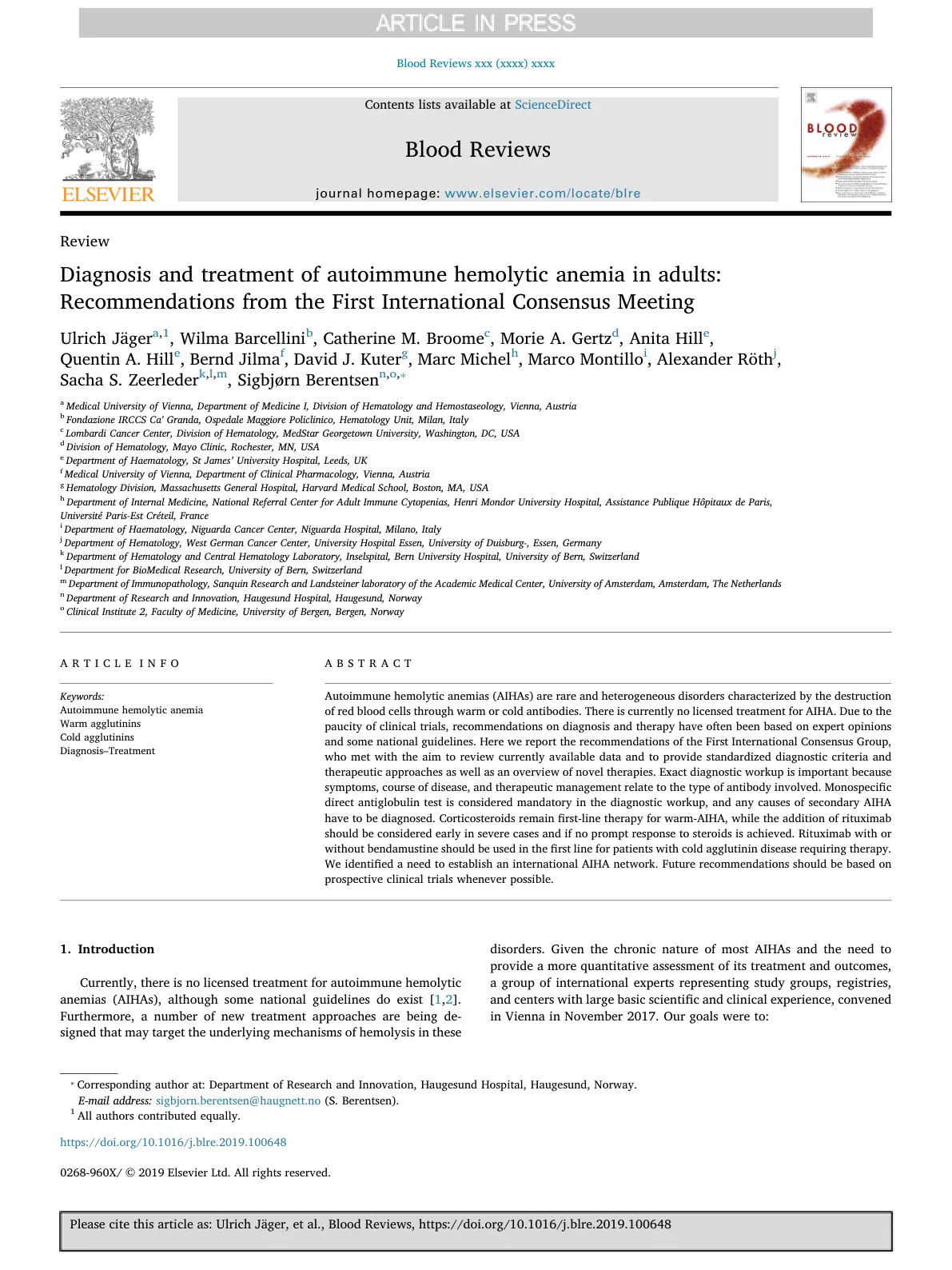 غلاف تقرير Diagnosis and treatment of autoimmune hemolytic anemia in adults: Recommendations from the First International Consensus Meeting