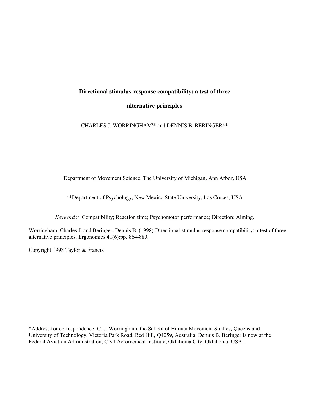 غلاف تقرير Directional stimulus-response compatibility: a test of three alternative principles