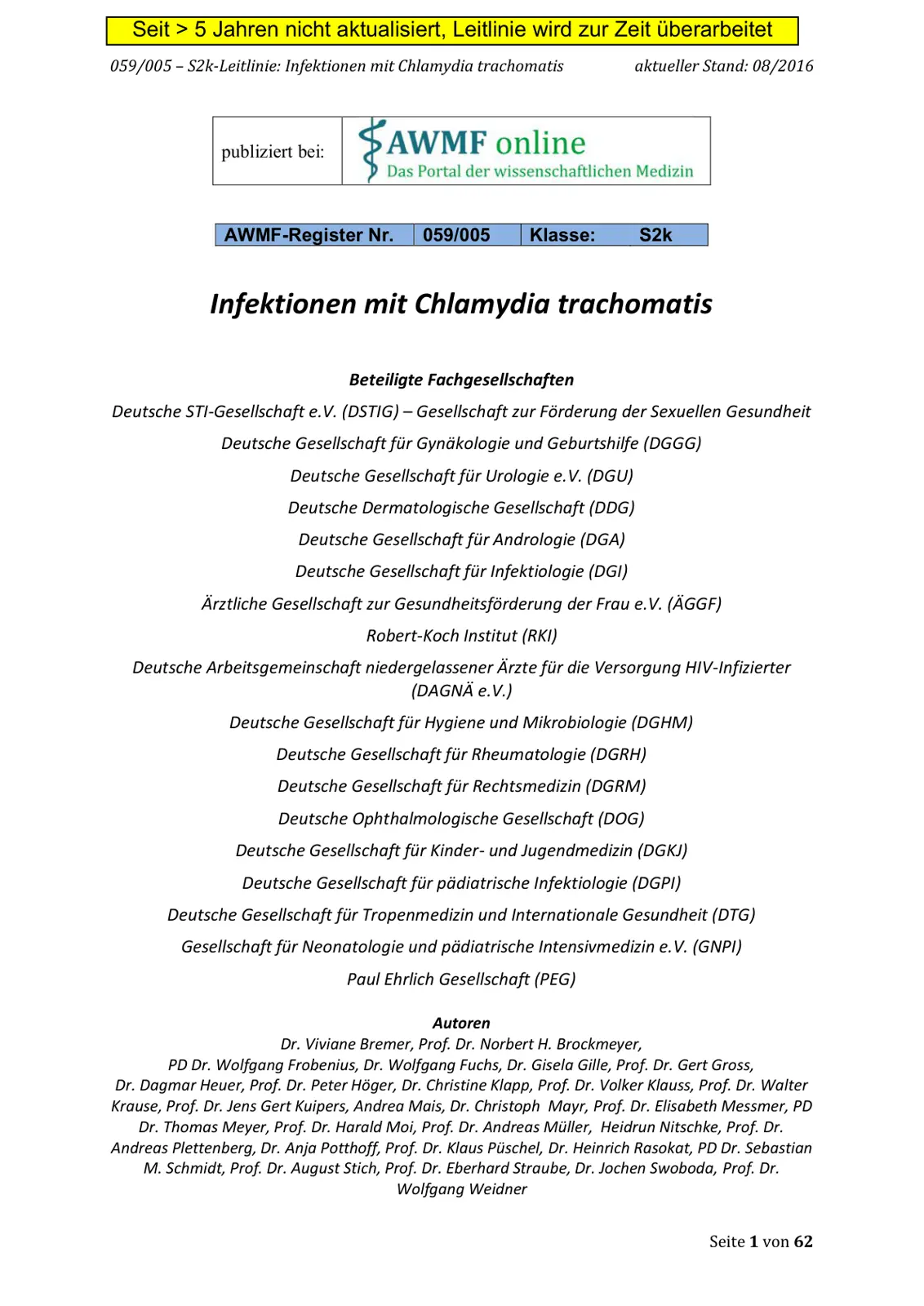 غلاف تقرير S2k-Leitlinie: Infektionen mit Chlamydia trachomatis