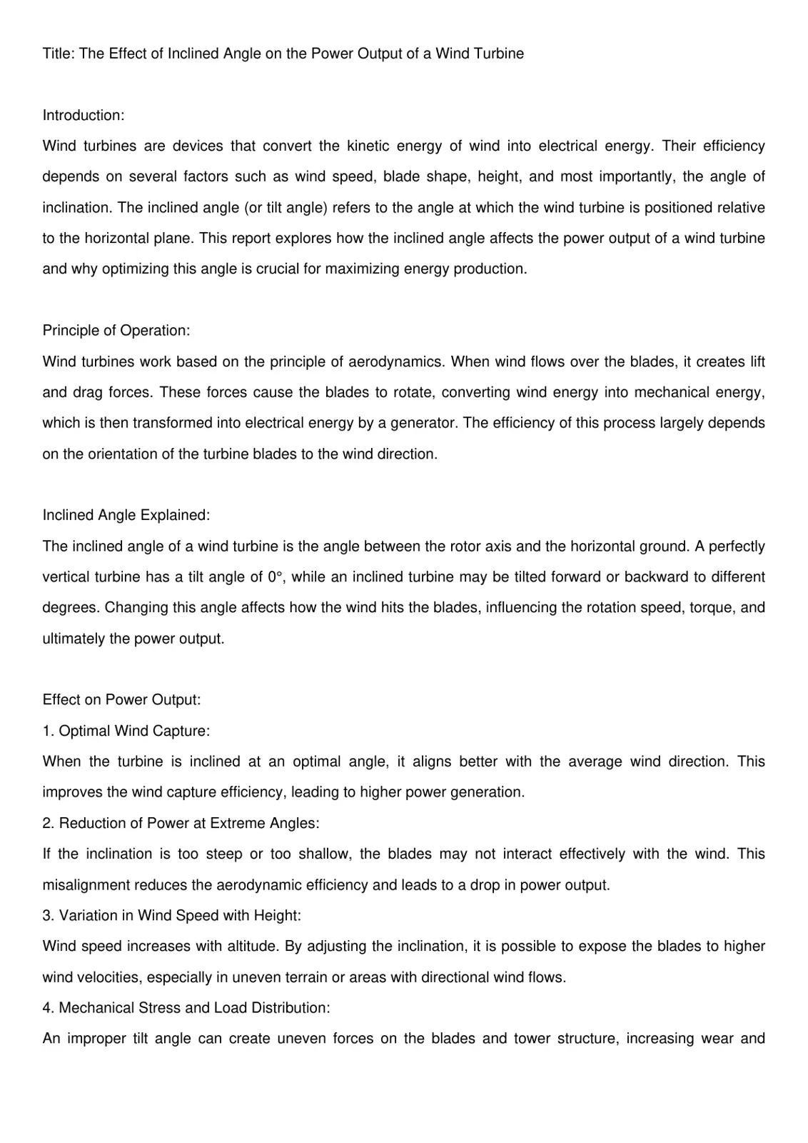 غلاف تقرير The Effect of Inclined Angle on the Power Output of a Wind Turbine