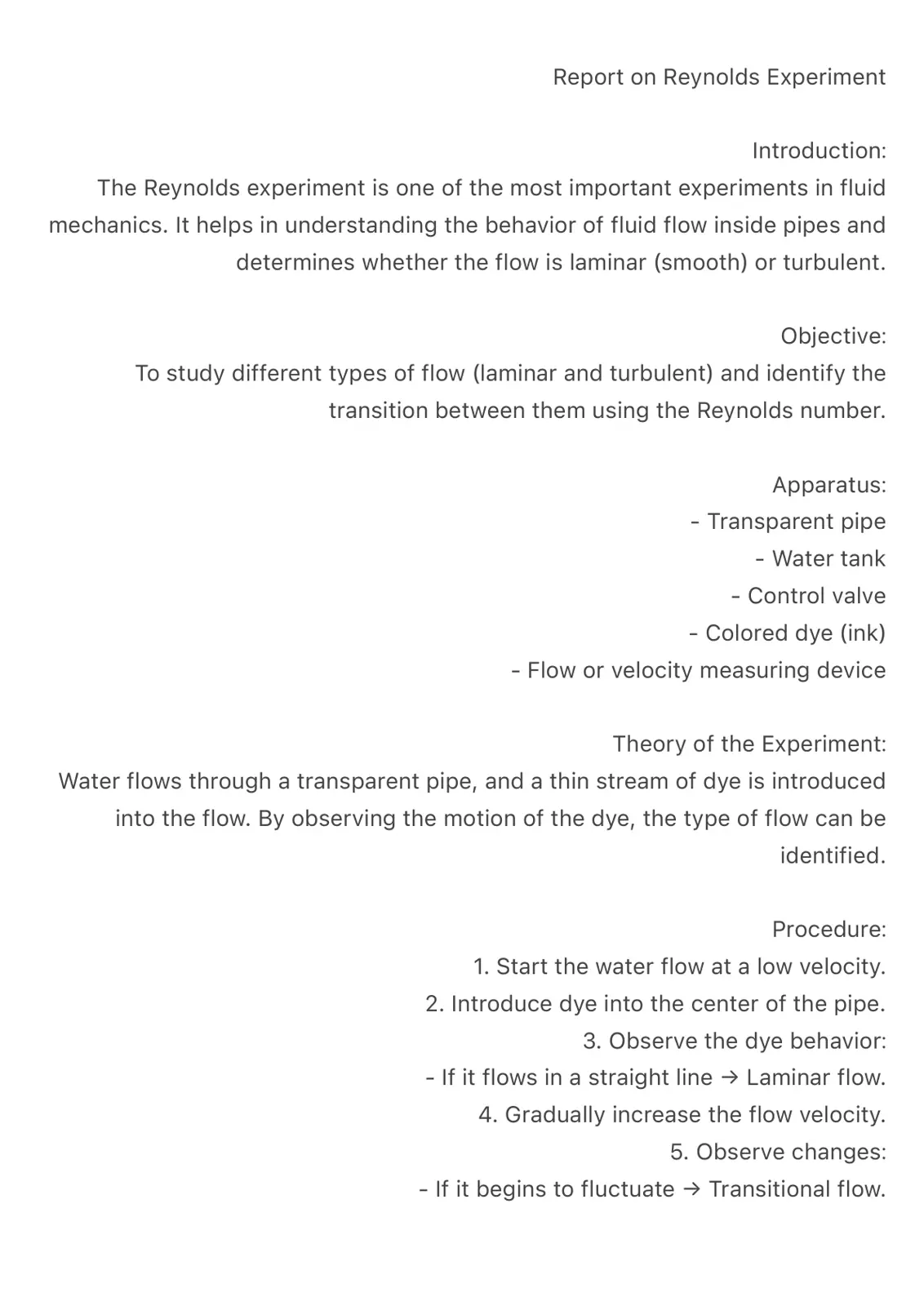 غلاف تقرير Report on Reynolds Experiment