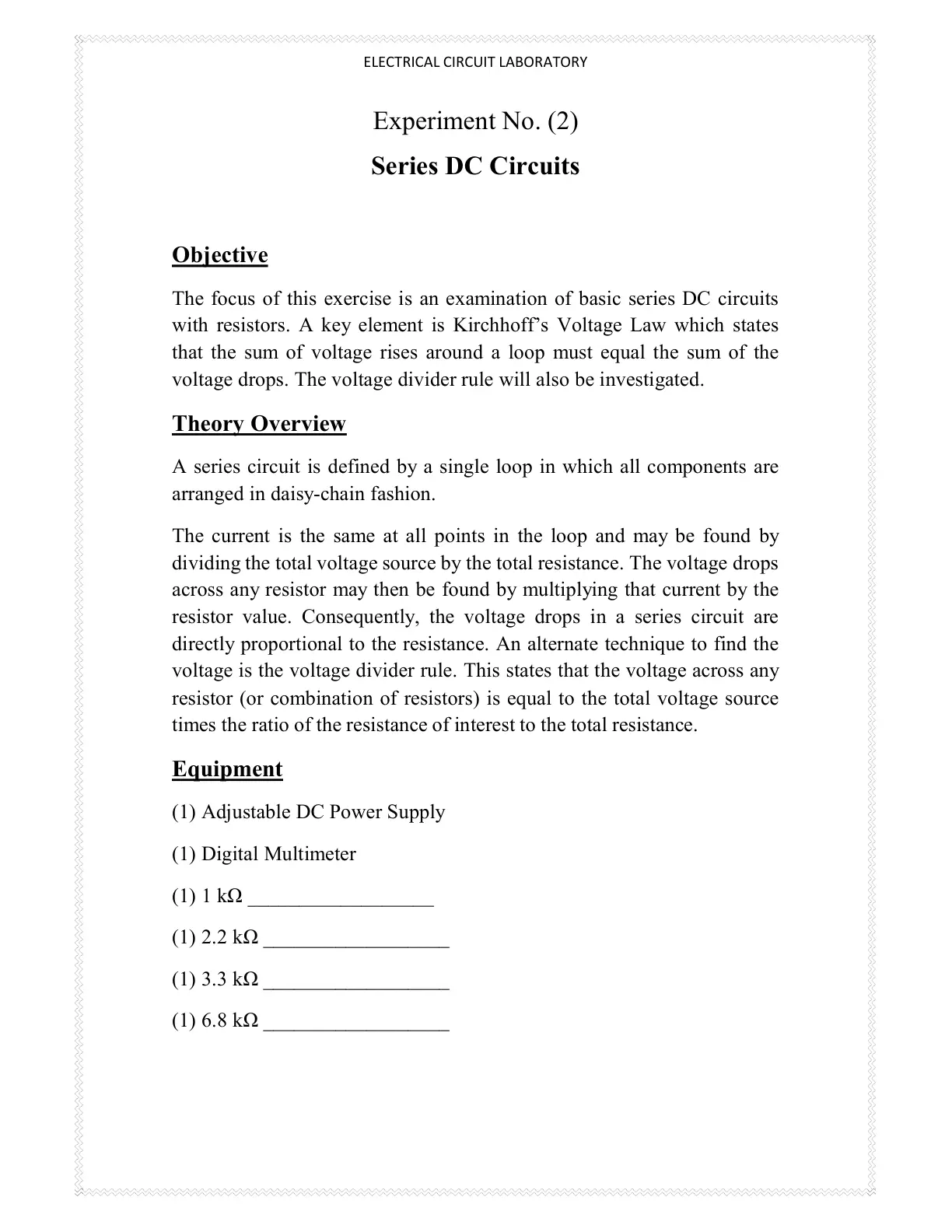 غلاف تقرير ELECTRICAL CIRCUIT LABORATORY: Experiment No. (2) Series DC Circuits