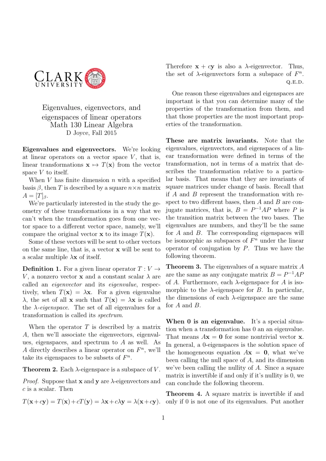 غلاف تقرير Eigenvalues, eigenvectors, and eigenspaces of linear operators Math 130 Linear Algebra