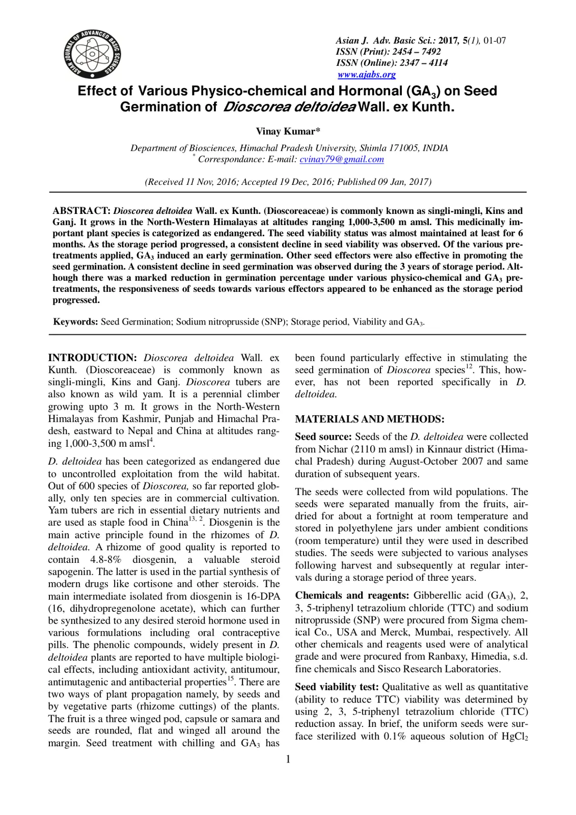 غلاف تقرير Effect of Various Physico-chemical and Hormonal (GA) on Seed Germination of Dioscorea deltoidea Wall. ex Kunth.
