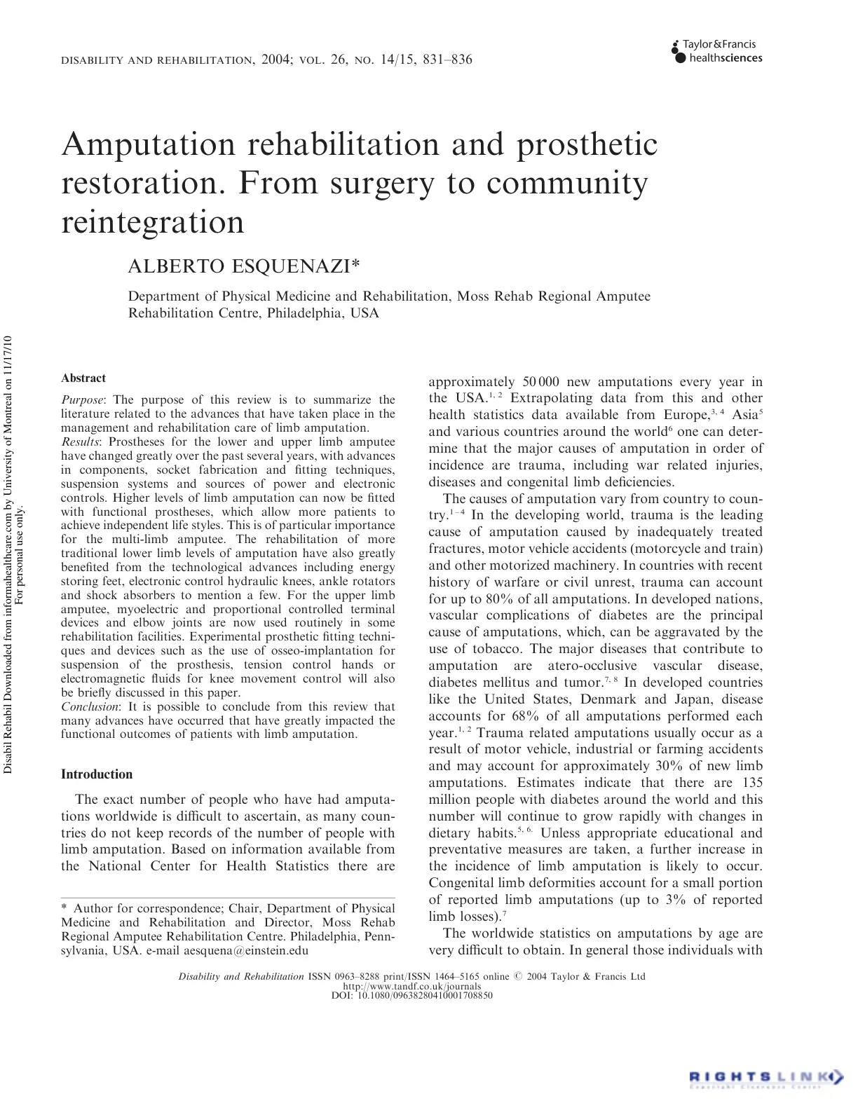 غلاف تقرير Amputation rehabilitation and prosthetic restoration. From surgery to community reintegration