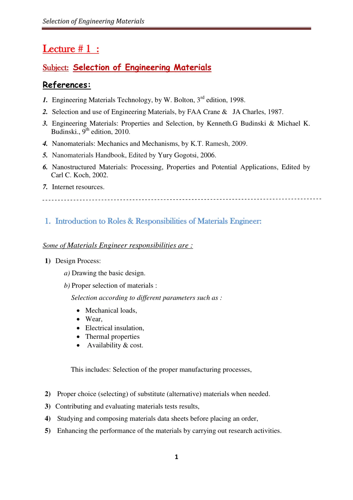 غلاف تقرير Selection of Engineering Materials Lecture # 1
