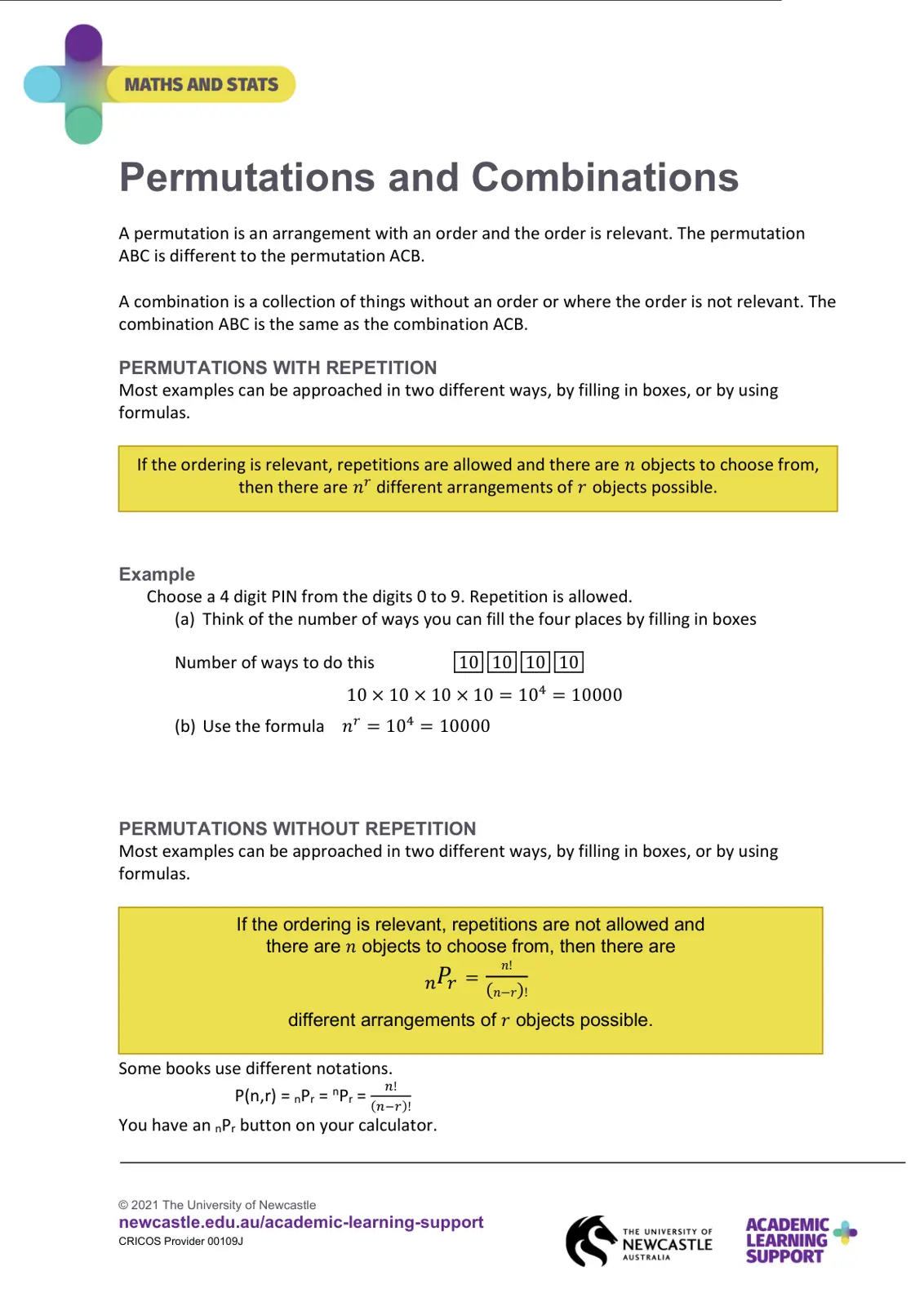 غلاف تقرير MATHS AND STATS Permutations and Combinations