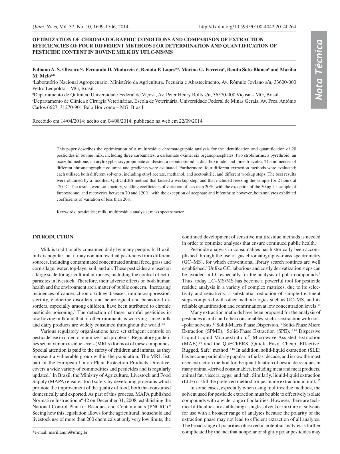 غلاف تقرير Optimization of Chromatographic Conditions and Comparison of Extraction Efficiencies of Four Different Methods for Determination and Quantification of Pesticide Content in Bovine Milk by UFLC-MS/MS