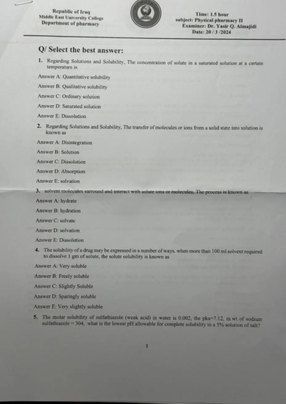 غلاف تقرير Physical pharmacy II
