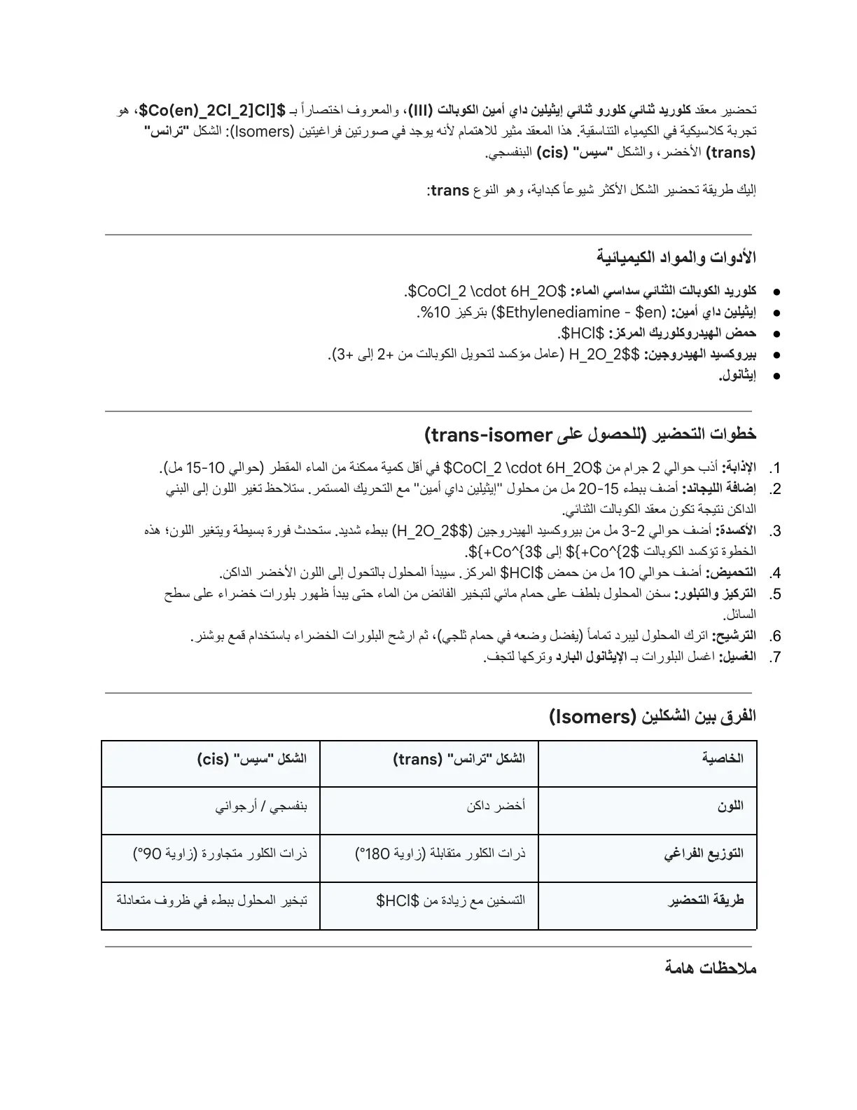 غلاف تقرير تحضير معقد كلوريد ثنائي كلورو ثنائي إيثيلين داي أمين الكوبالت (III)