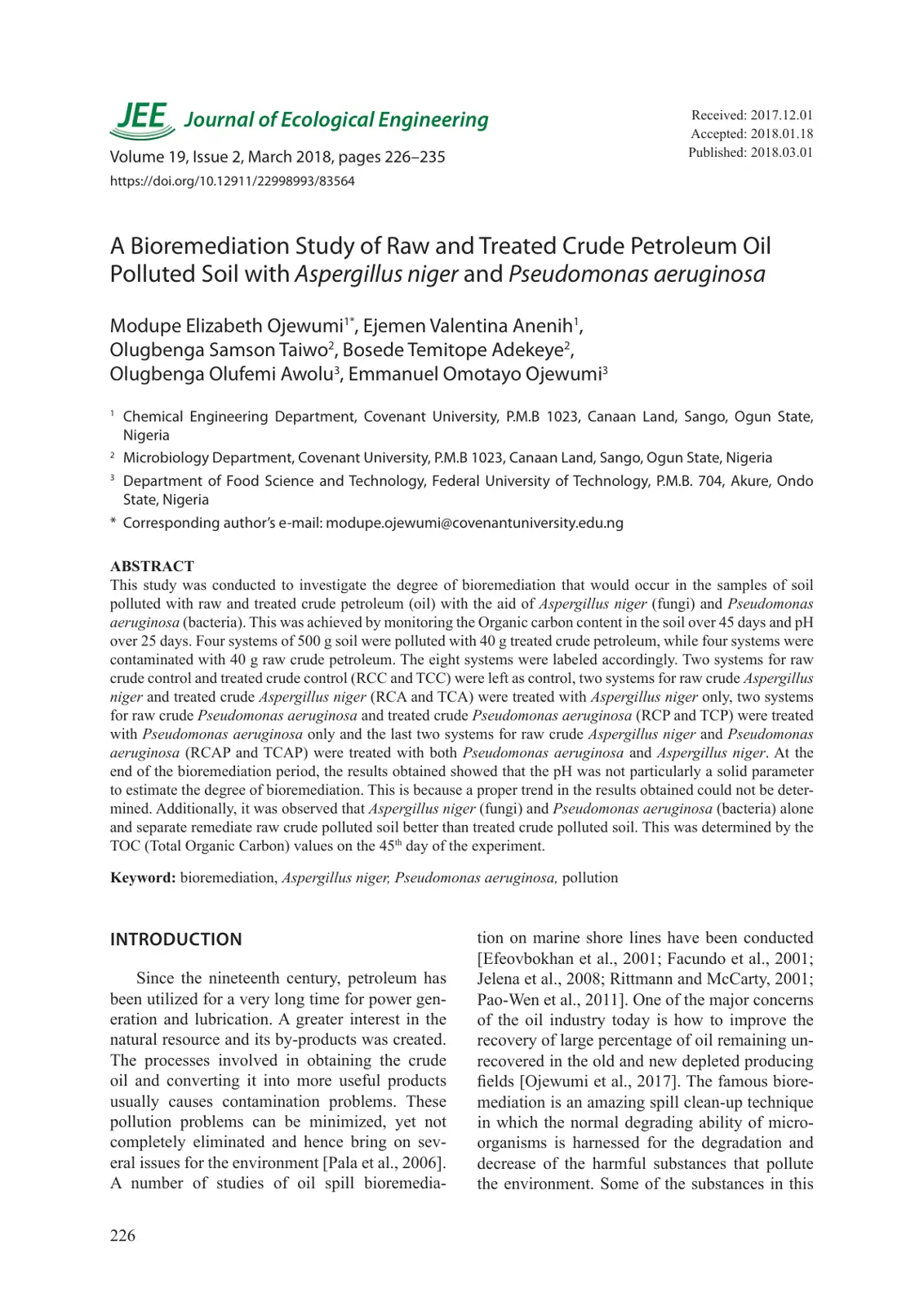 غلاف تقرير A Bioremediation Study of Raw and Treated Crude Petroleum Oil Polluted Soil with Aspergillus niger and Pseudomonas aeruginosa