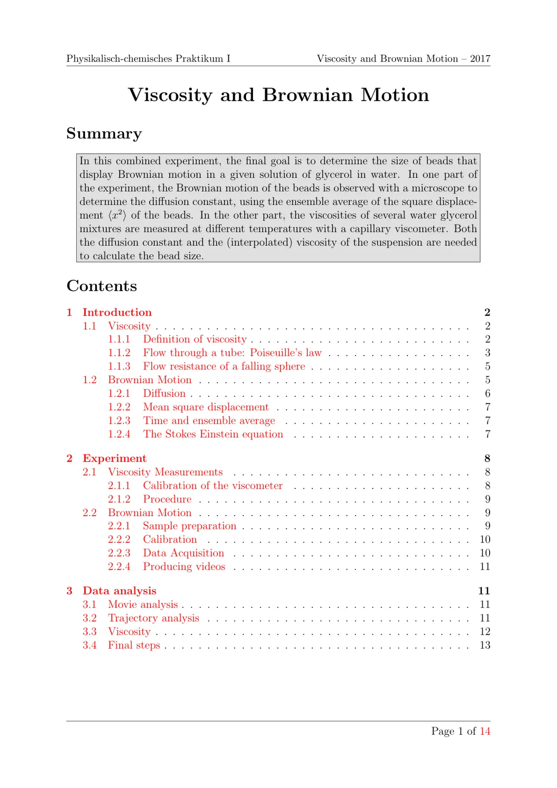 غلاف تقرير Physikalisch-chemisches Praktikum I: Viscosity and Brownian Motion