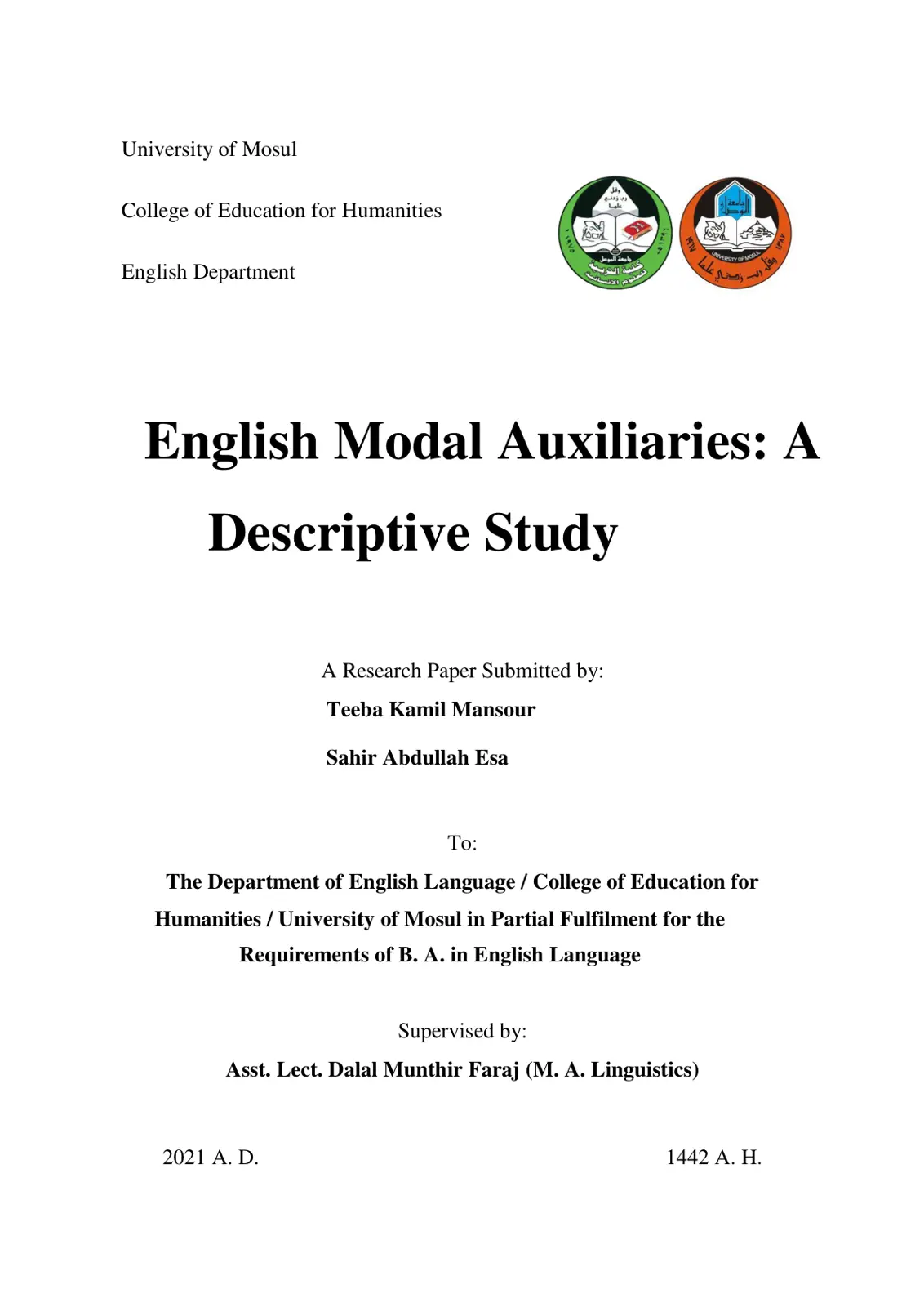 غلاف تقرير English Modal Auxiliaries: A Descriptive Study