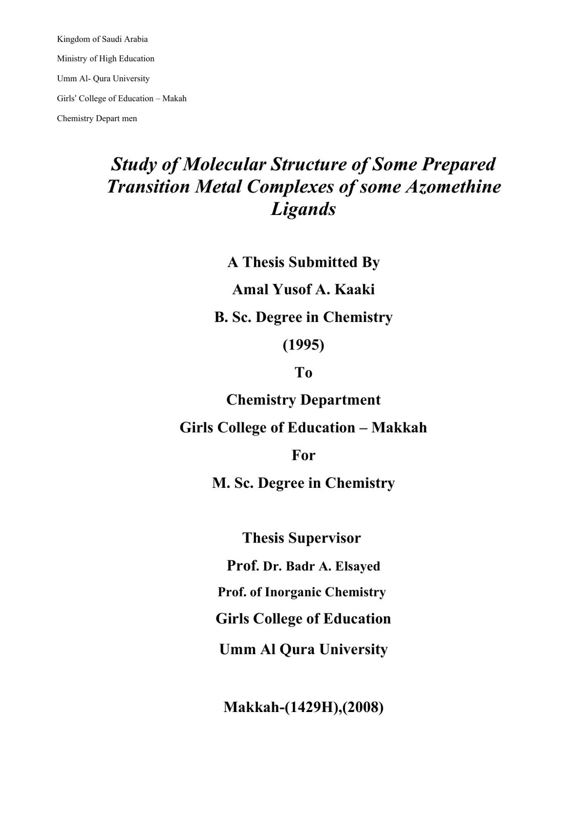 غلاف تقرير Study of Molecular Structure of Some Prepared Transition Metal Complexes of some Azomethine Ligands