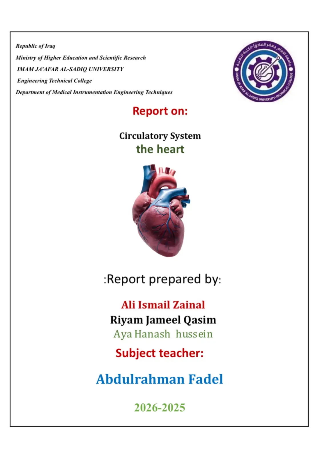 غلاف تقرير Report on Circulatory System - The Heart