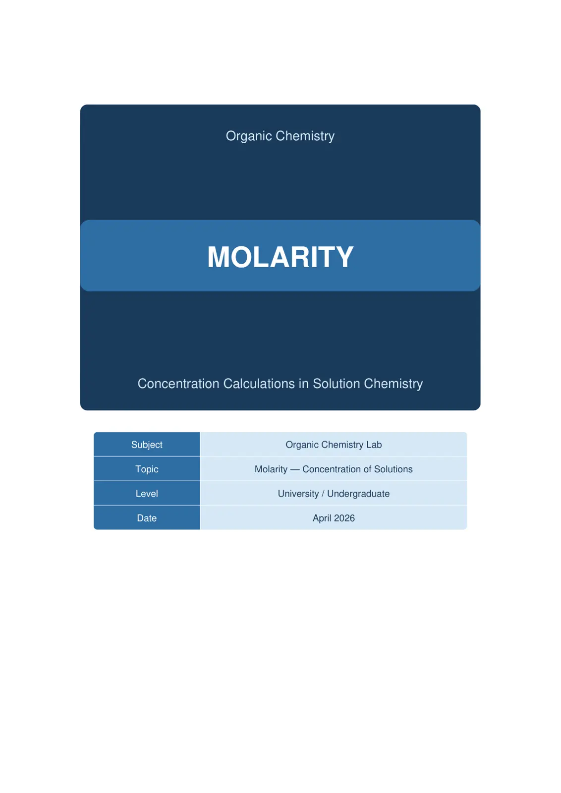 غلاف تقرير Organic Chemistry Lab - Molarity Concentration of Solutions
