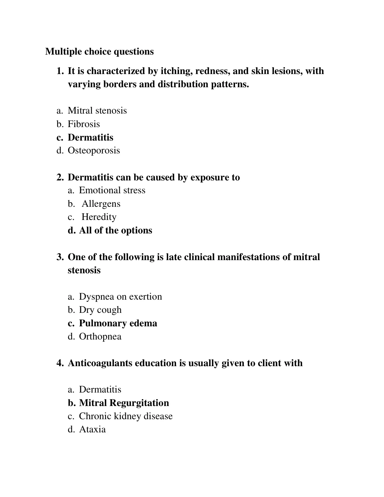 غلاف تقرير Multiple choice questions: Dermatitis and Mitral Stenosis